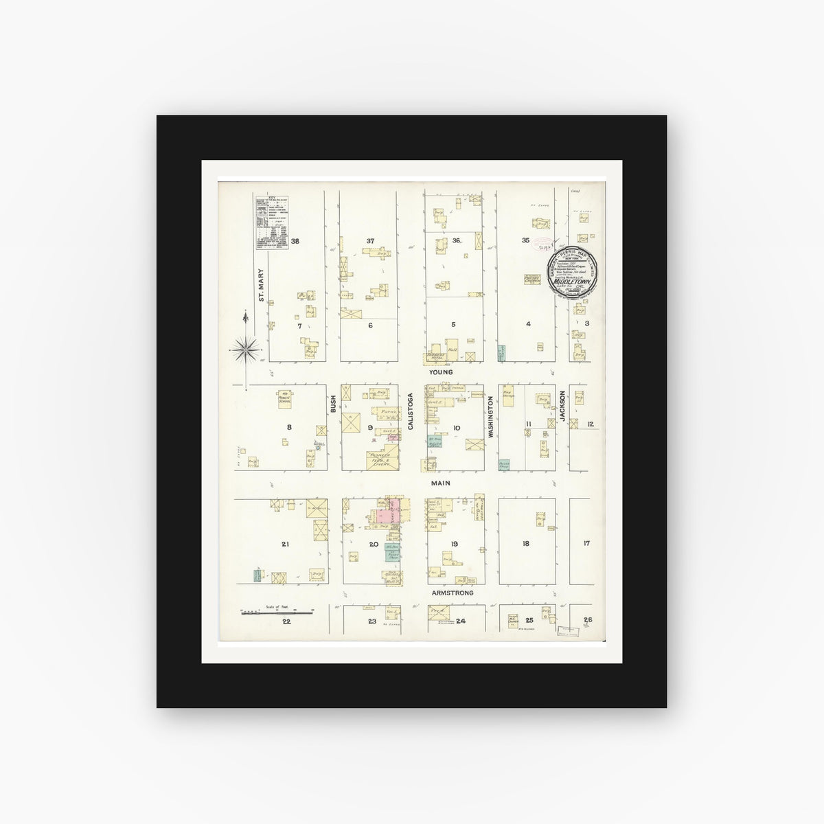 Old map wall art mockup — black gallery frame with white mat — Sanborn Fire Insurance Map from Middletown, Lake County, California (1890), Sheet #0001