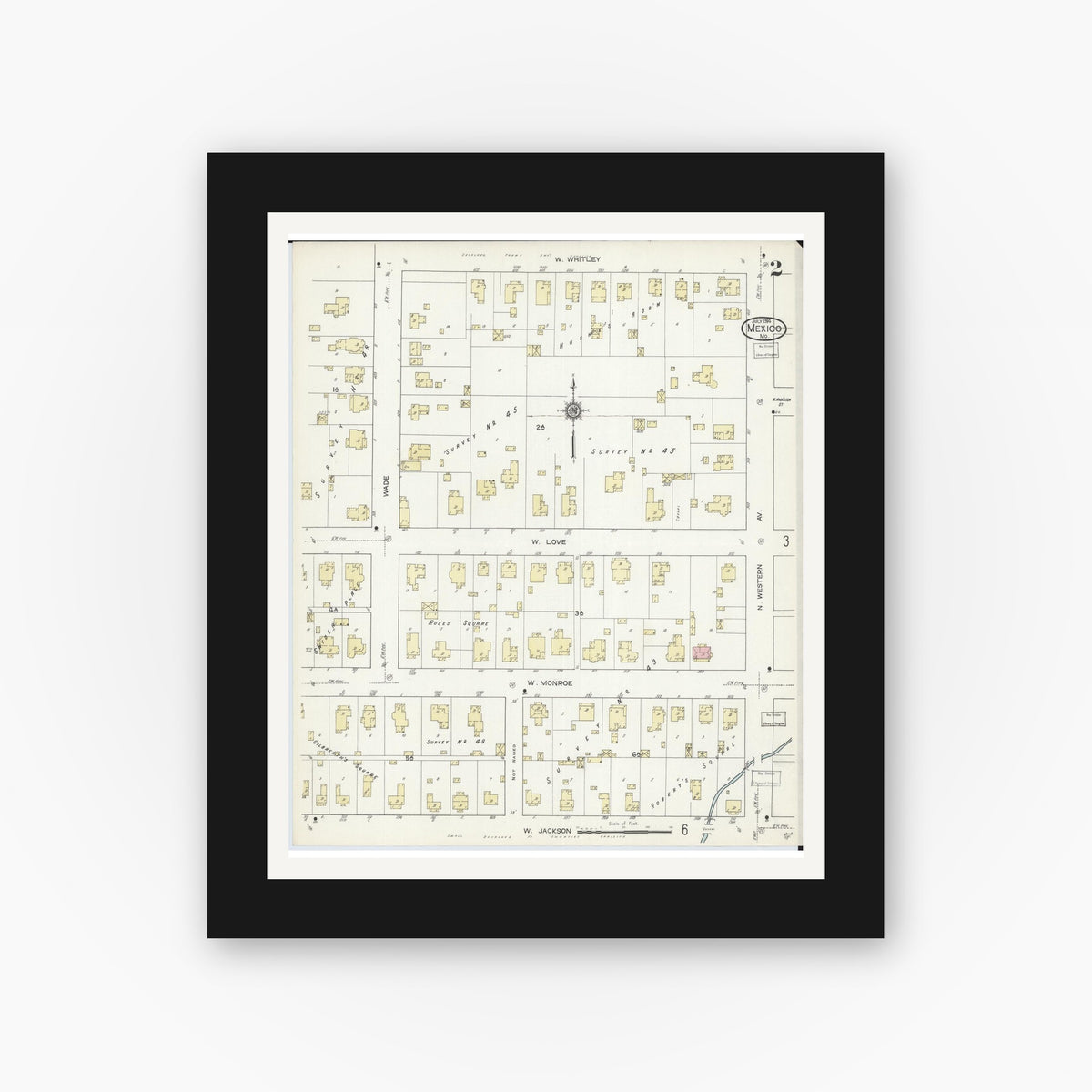 Old map wall art mockup — black gallery frame with white mat — Sanborn Fire Insurance Map from Mexico, Audrain County, Missouri (1914), Sheet #0002