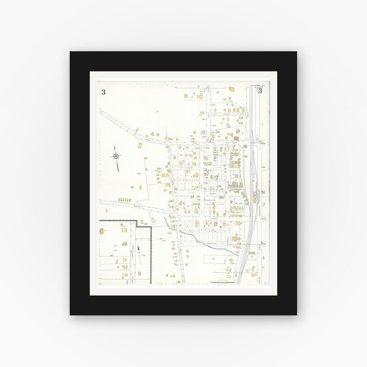 Old map wall art mockup — black gallery frame with white mat — Sanborn Fire Insurance Map from Overton, Rusk County, Texas (1936), Sheet #0003