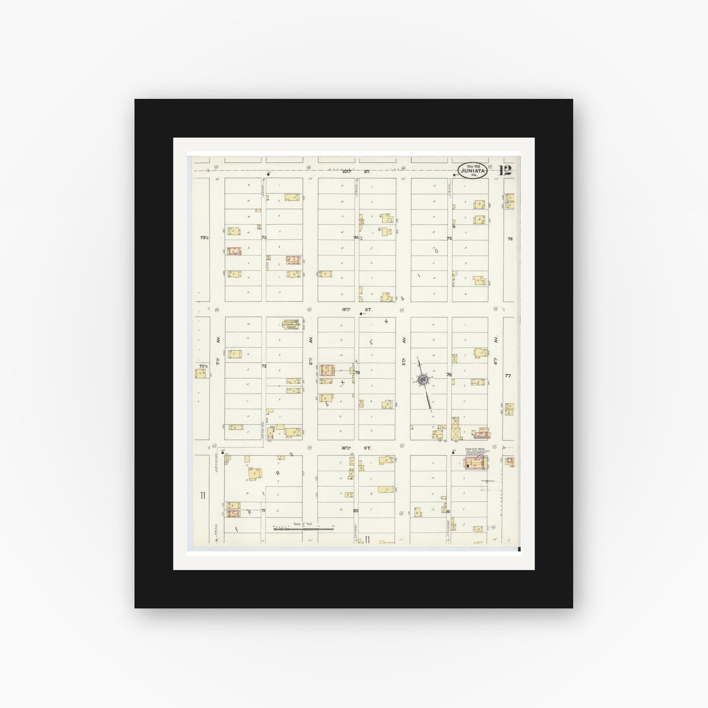 Old map wall art mockup — black gallery frame with white mat — Sanborn Fire Insurance Map from Juniata, Blair County, Pennsylvania (1910), Sheet #0012