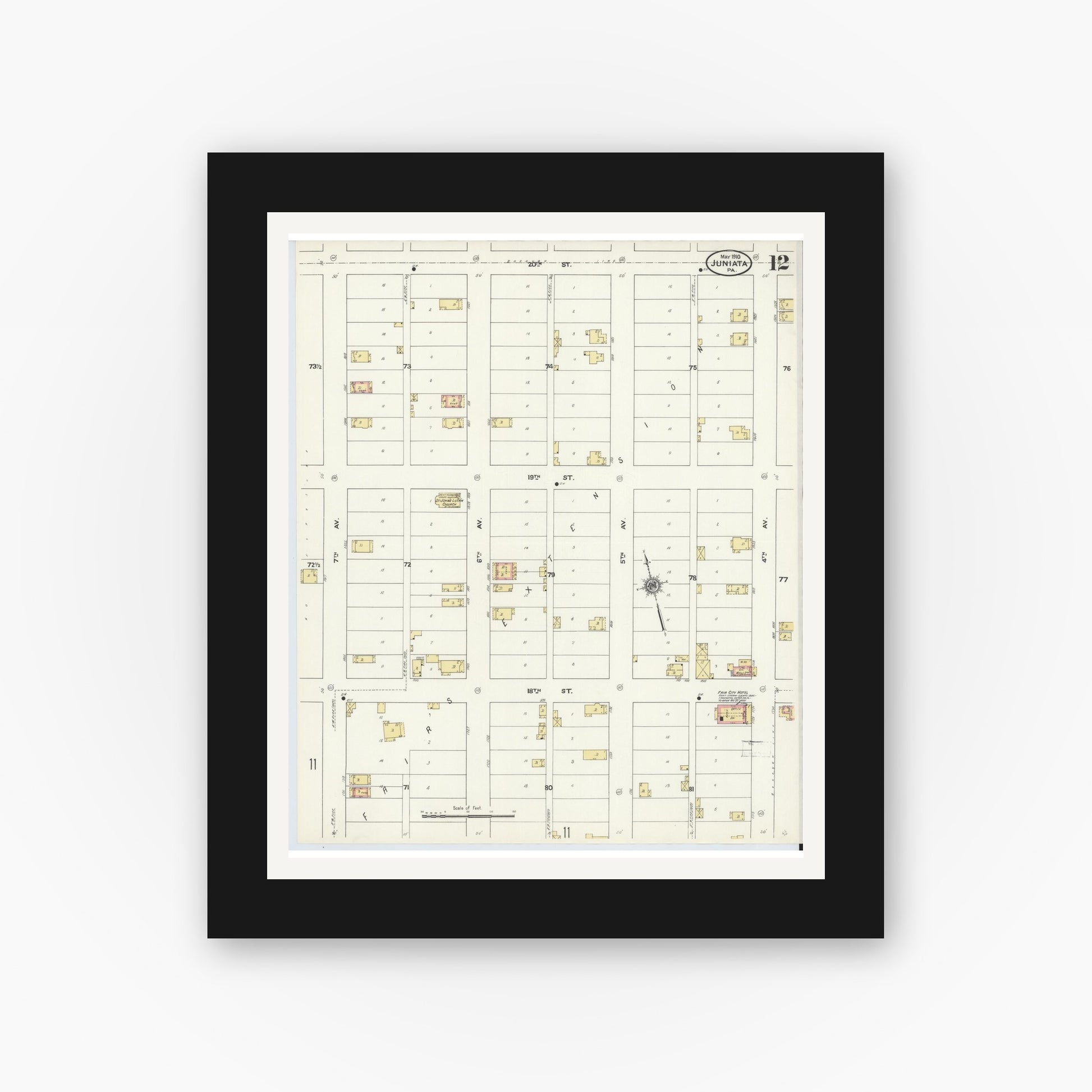 Old map wall art mockup — black gallery frame with white mat — Sanborn Fire Insurance Map from Juniata, Blair County, Pennsylvania (1910), Sheet #0012