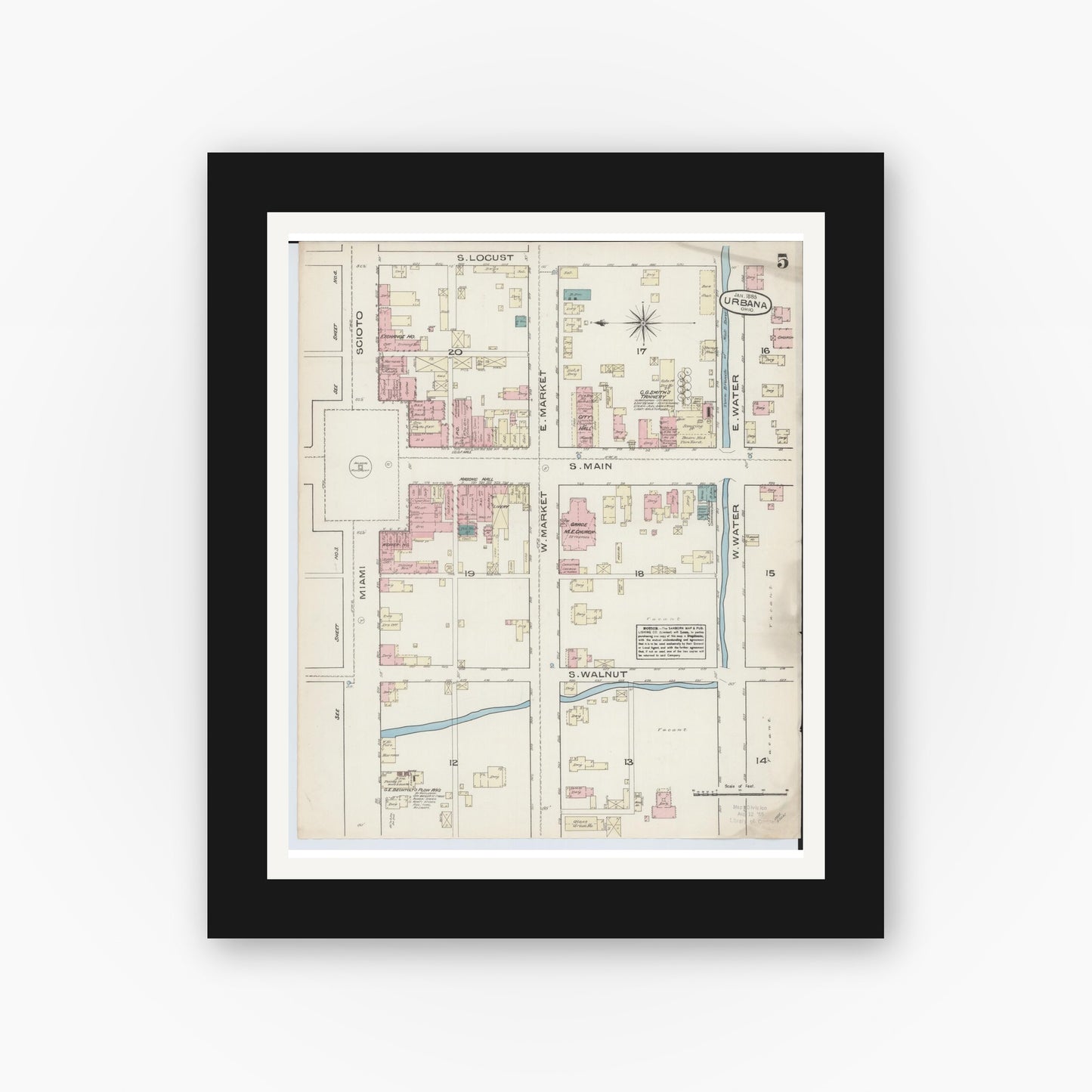 Old map wall art mockup — black gallery frame with white mat — Sanborn Fire Insurance Map from Urbana, Champaign County, Ohio (1885), Sheet #0005