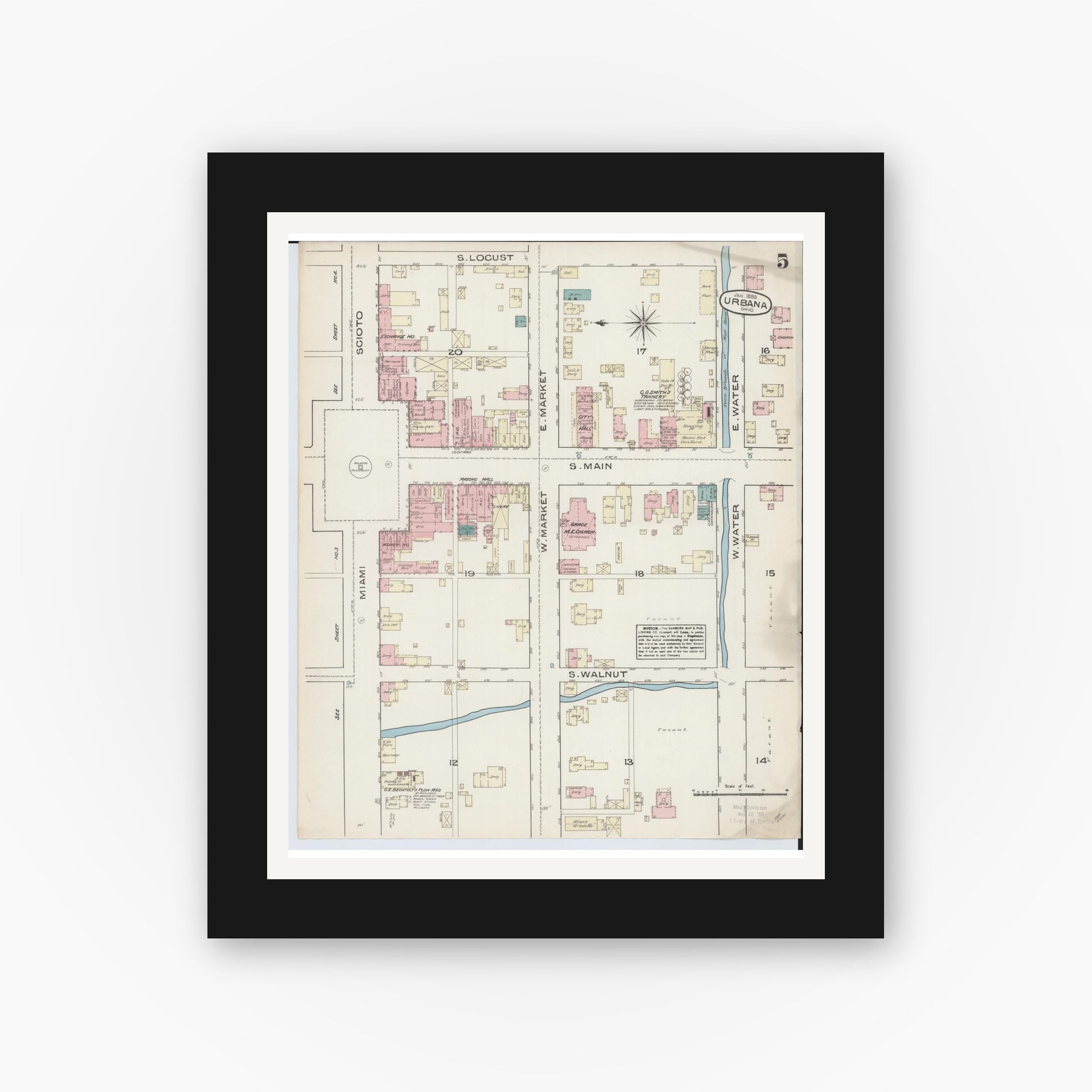 Old map wall art mockup — black gallery frame with white mat — Sanborn Fire Insurance Map from Urbana, Champaign County, Ohio (1885), Sheet #0005