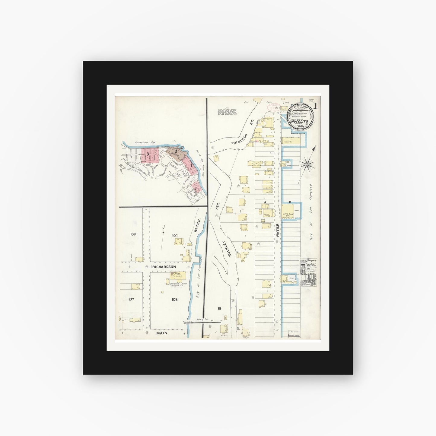 Old map wall art mockup — black gallery frame with white mat — Sanborn Fire Insurance Map from Sausalito, Marin County, California (1891) - Complete Map Set