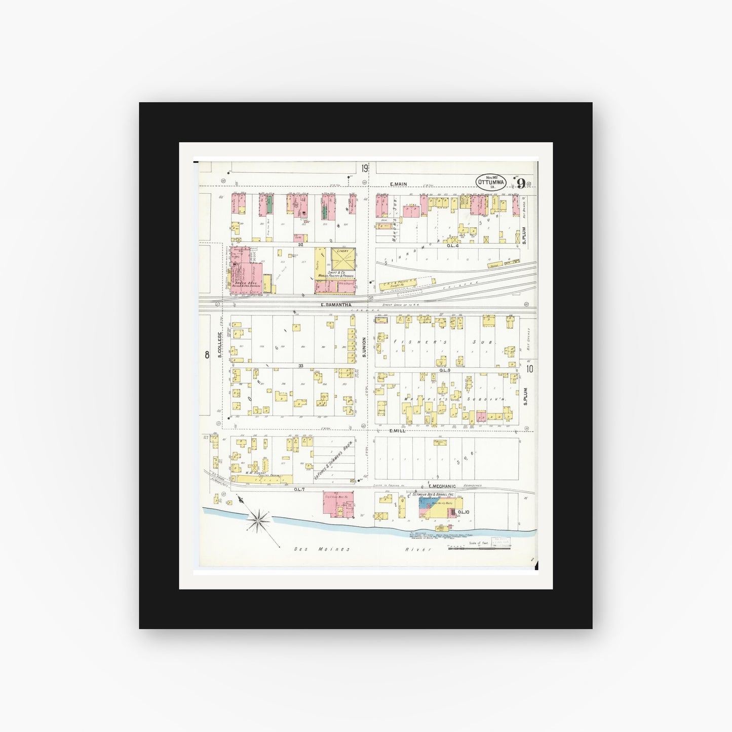 Old map wall art mockup — black gallery frame with white mat — Sanborn Fire Insurance Map from Ottumwa, Wapello County, Iowa (1902), Sheet #0009