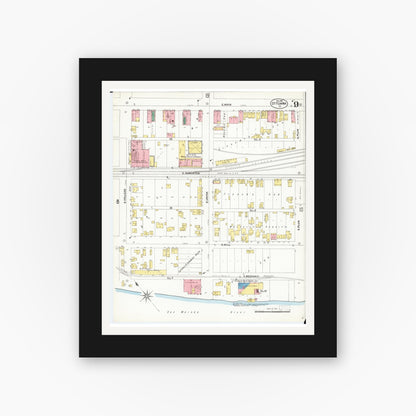 Old map wall art mockup — black gallery frame with white mat — Sanborn Fire Insurance Map from Ottumwa, Wapello County, Iowa (1902), Sheet #0009