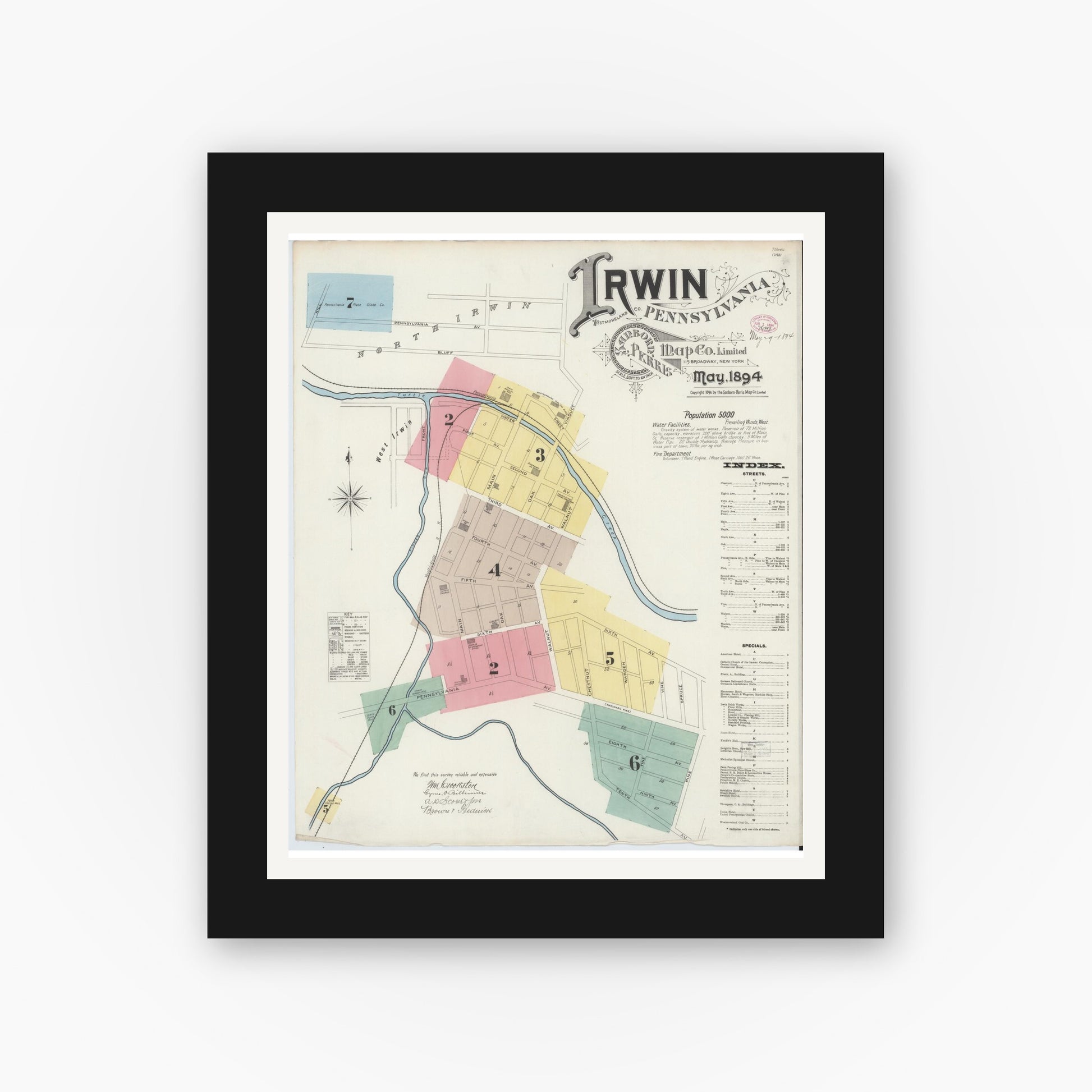 Old map wall art mockup — black gallery frame with white mat — Sanborn Fire Insurance Map from Irwin, Westmoreland County, Pennsylvania (1894), Sheet #0001