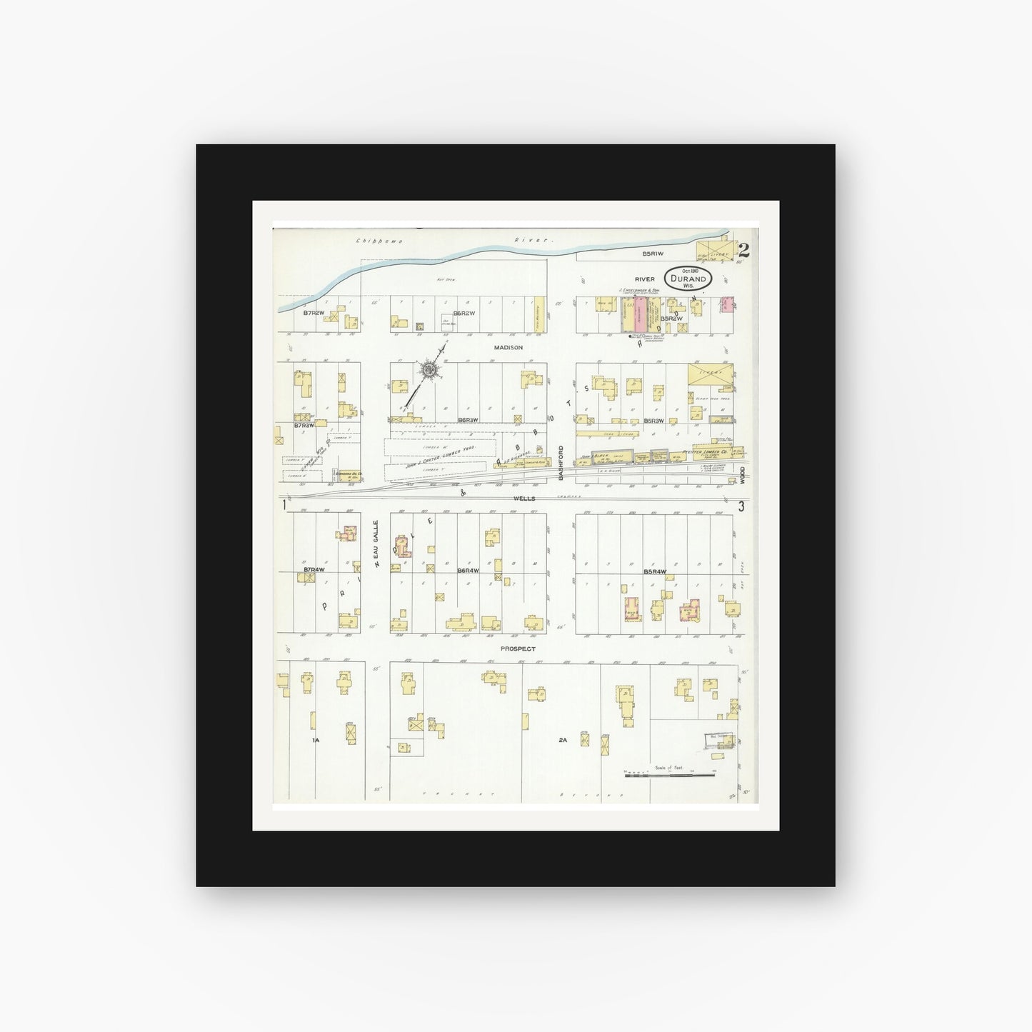 Old map wall art mockup — black gallery frame with white mat — Sanborn Fire Insurance Map from Durand, Pepin County, Wisconsin (1910), Sheet #0002