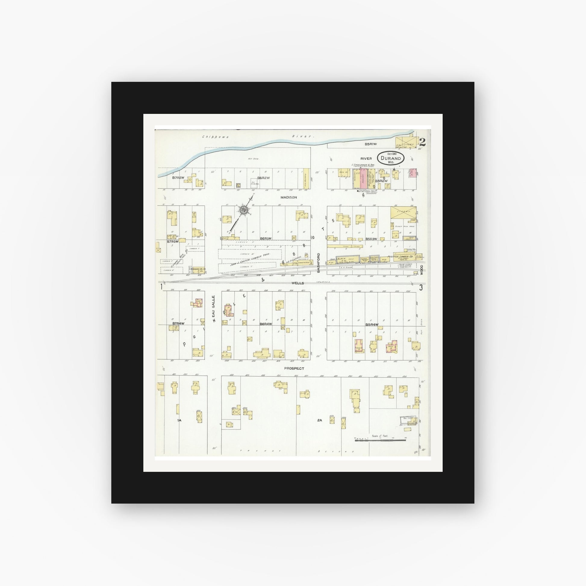 Old map wall art mockup — black gallery frame with white mat — Sanborn Fire Insurance Map from Durand, Pepin County, Wisconsin (1910), Sheet #0002