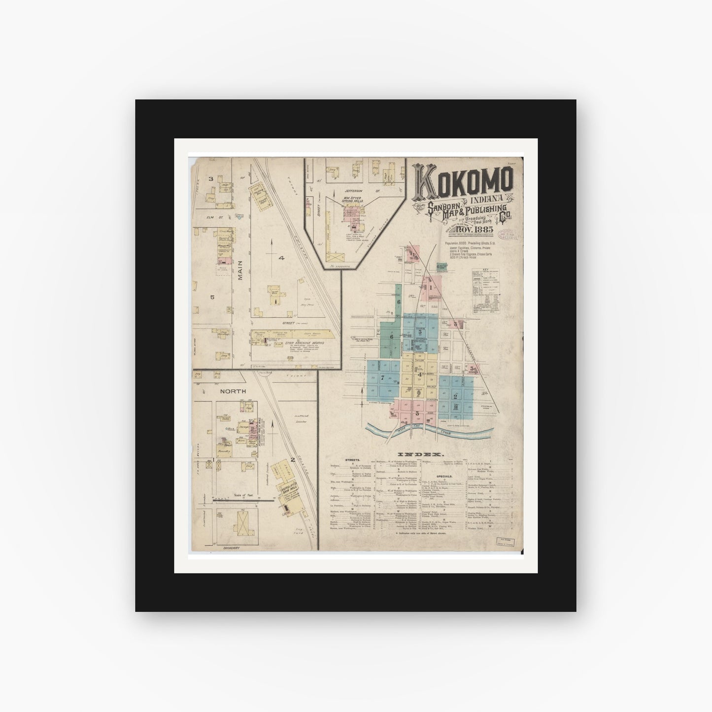 Old map wall art mockup — black gallery frame with white mat — Sanborn Fire Insurance Map from Kokomo, Howard County, Indiana (1885) - Complete Map Set