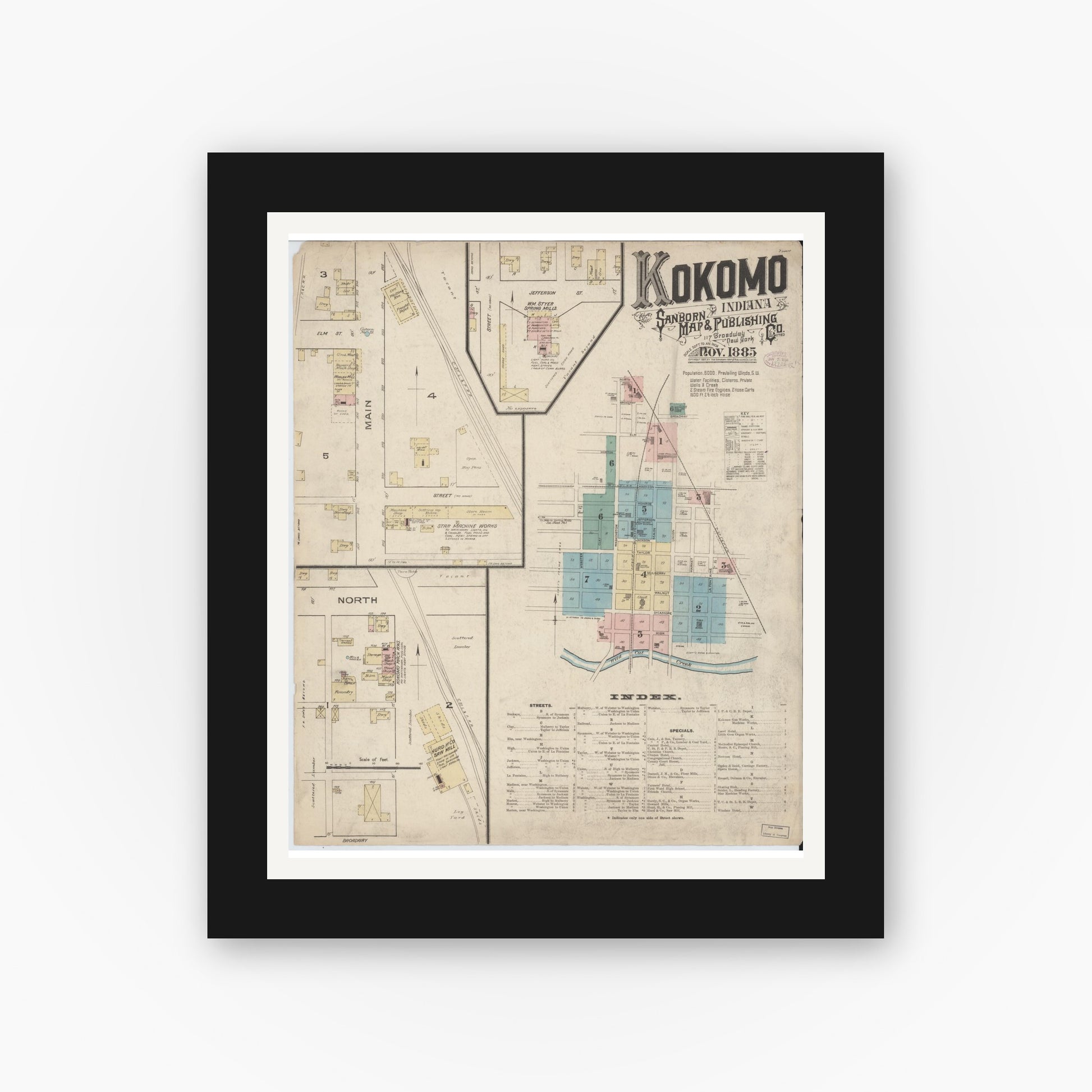 Old map wall art mockup — black gallery frame with white mat — Sanborn Fire Insurance Map from Kokomo, Howard County, Indiana (1885) - Complete Map Set