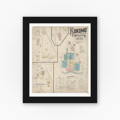 Old map wall art mockup — black gallery frame with white mat — Sanborn Fire Insurance Map from Kokomo, Howard County, Indiana (1885) - Complete Map Set