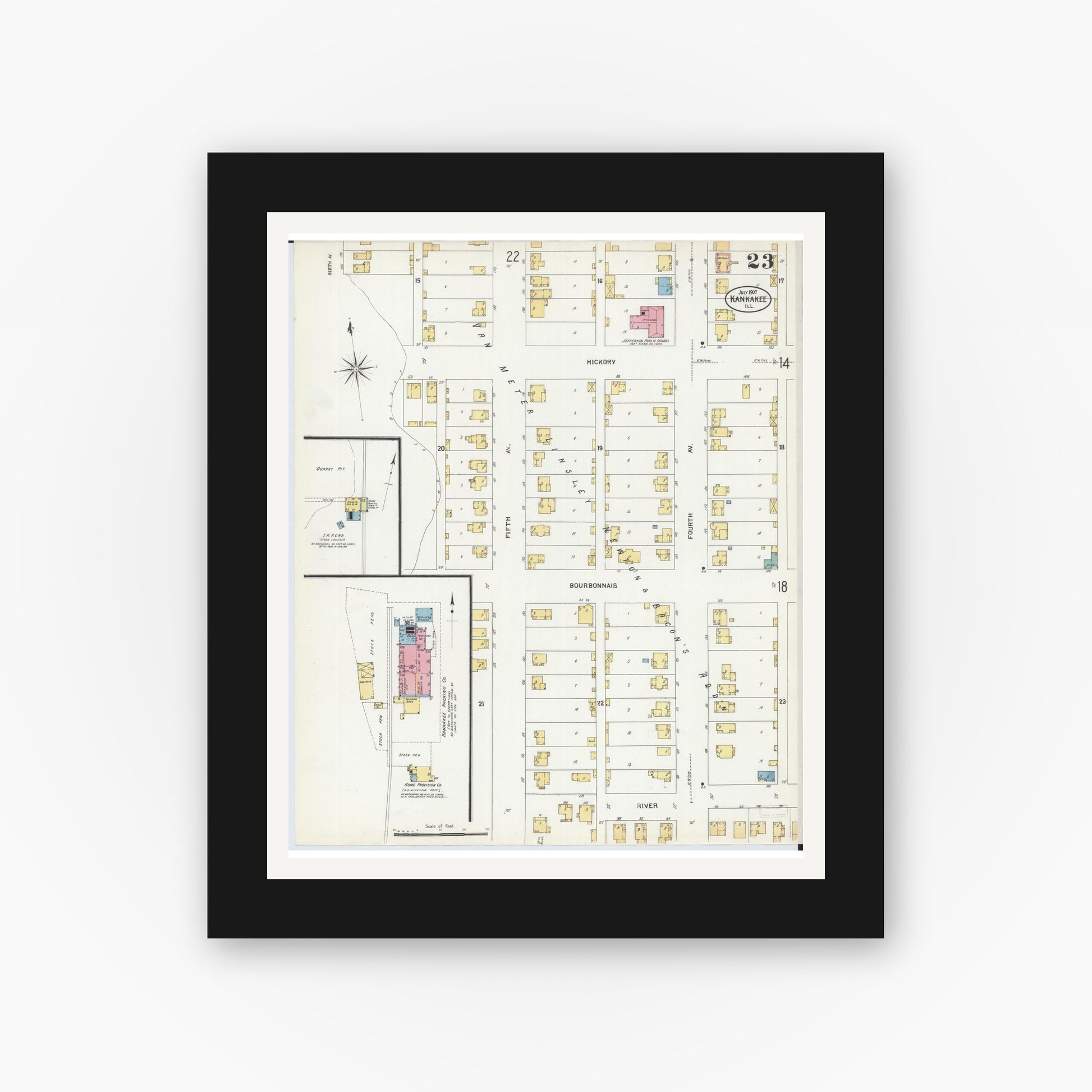 Old map wall art mockup — black gallery frame with white mat — Sanborn Fire Insurance Map from Kankakee, Kankakee County, Illinois (1907), Sheet #0023