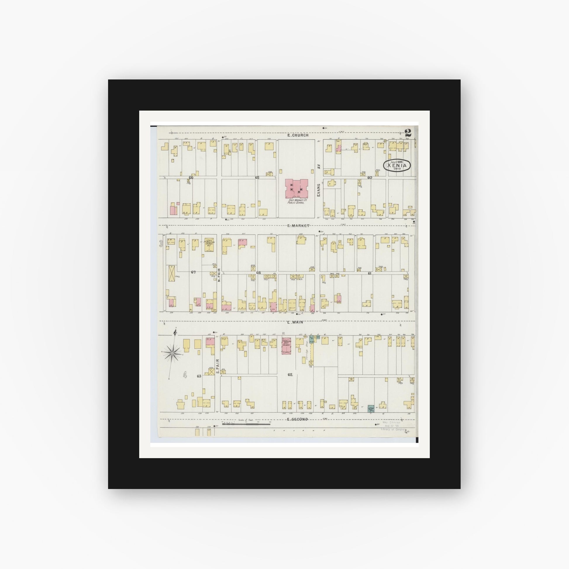 Old map wall art mockup — black gallery frame with white mat — Sanborn Fire Insurance Map from Xenia, Greene County, Ohio (1895), Sheet #0002