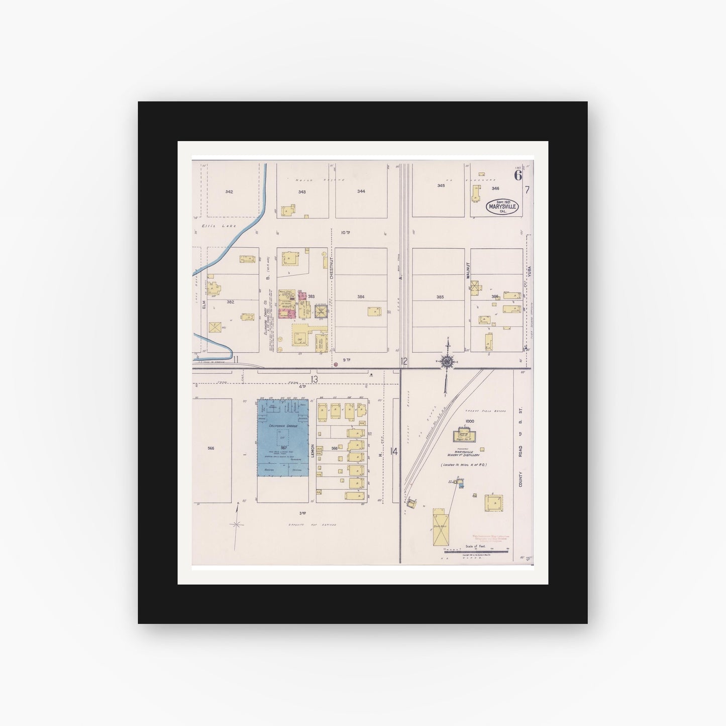 Old map wall art mockup — black gallery frame with white mat — Sanborn Fire Insurance Map from Marysville, Yuba County, California (1921), Sheet #0006
