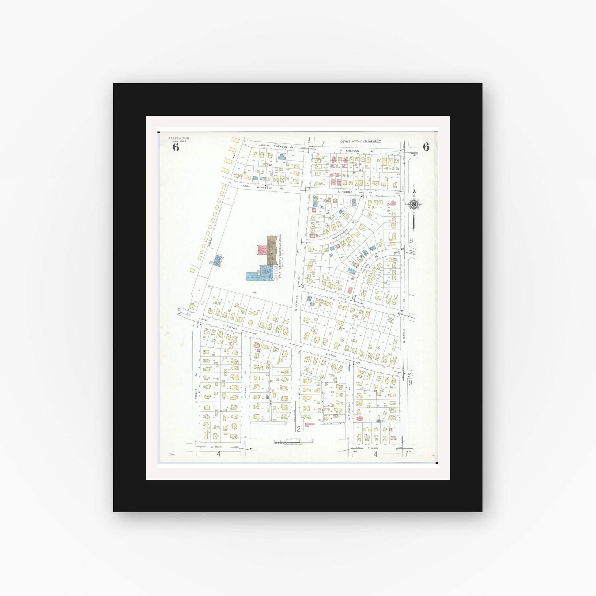 Old map wall art mockup — black gallery frame with white mat — Sanborn Fire Insurance Map from Osborn, Greene County, Ohio (1943), Sheet #0006
