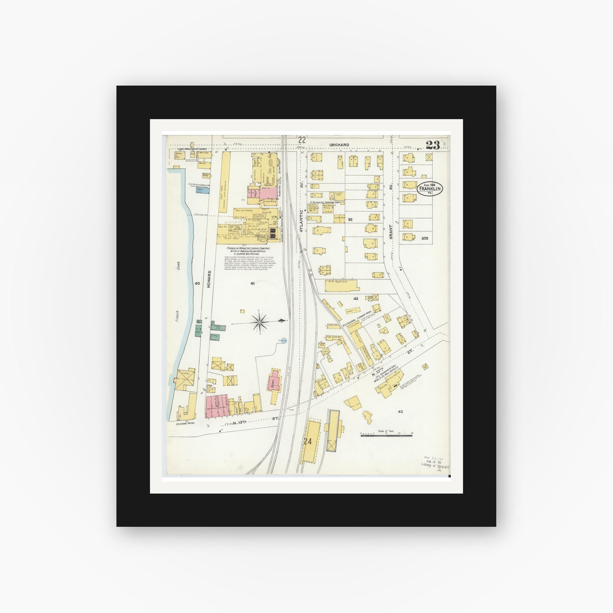Old map wall art mockup — black gallery frame with white mat — Sanborn Fire Insurance Map from Franklin, Venango County, Pennsylvania (1906), Sheet #0023