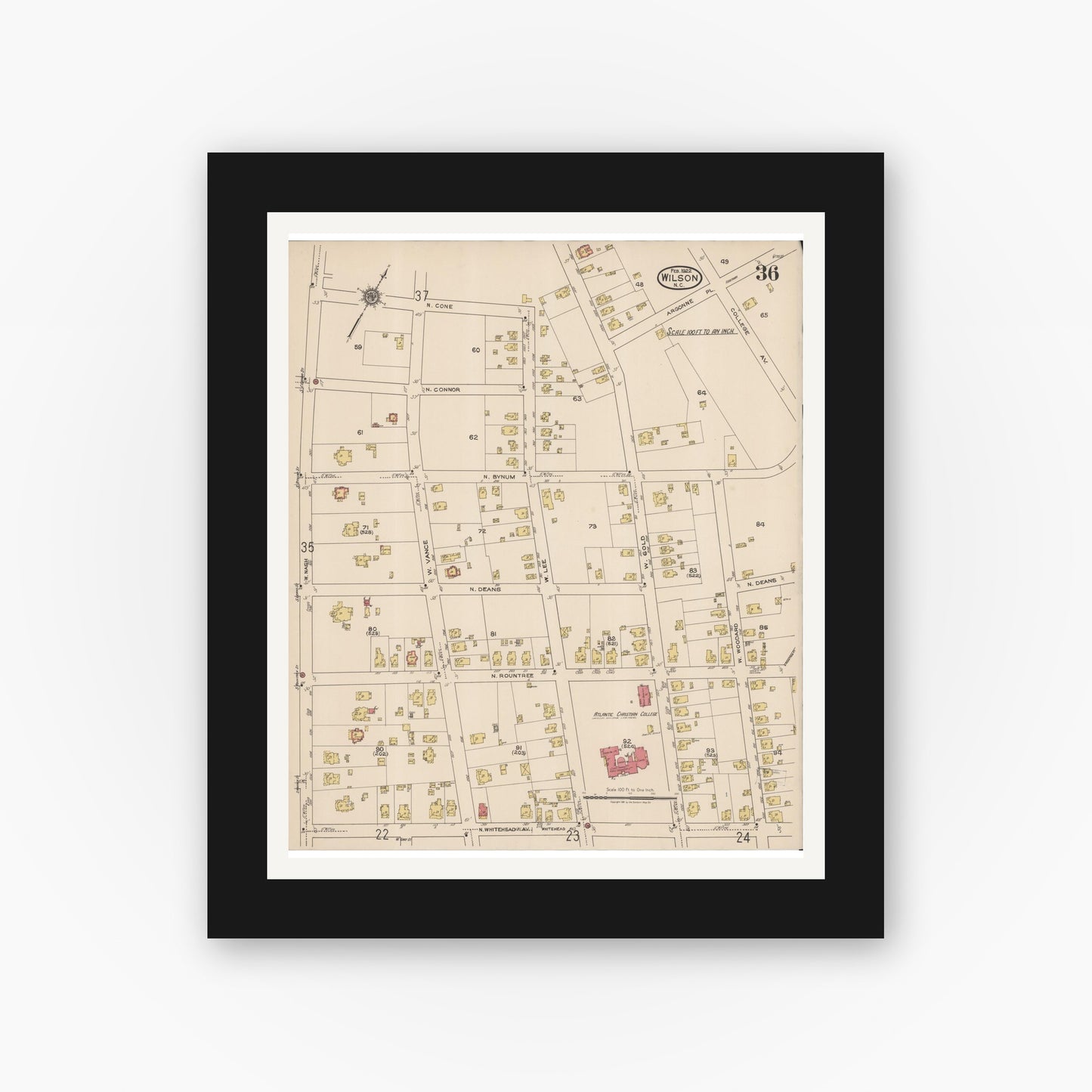 Old map wall art mockup — black gallery frame with white mat — Sanborn Fire Insurance Map from Wilson, Wilson County, North Carolina (1922), Sheet #0036