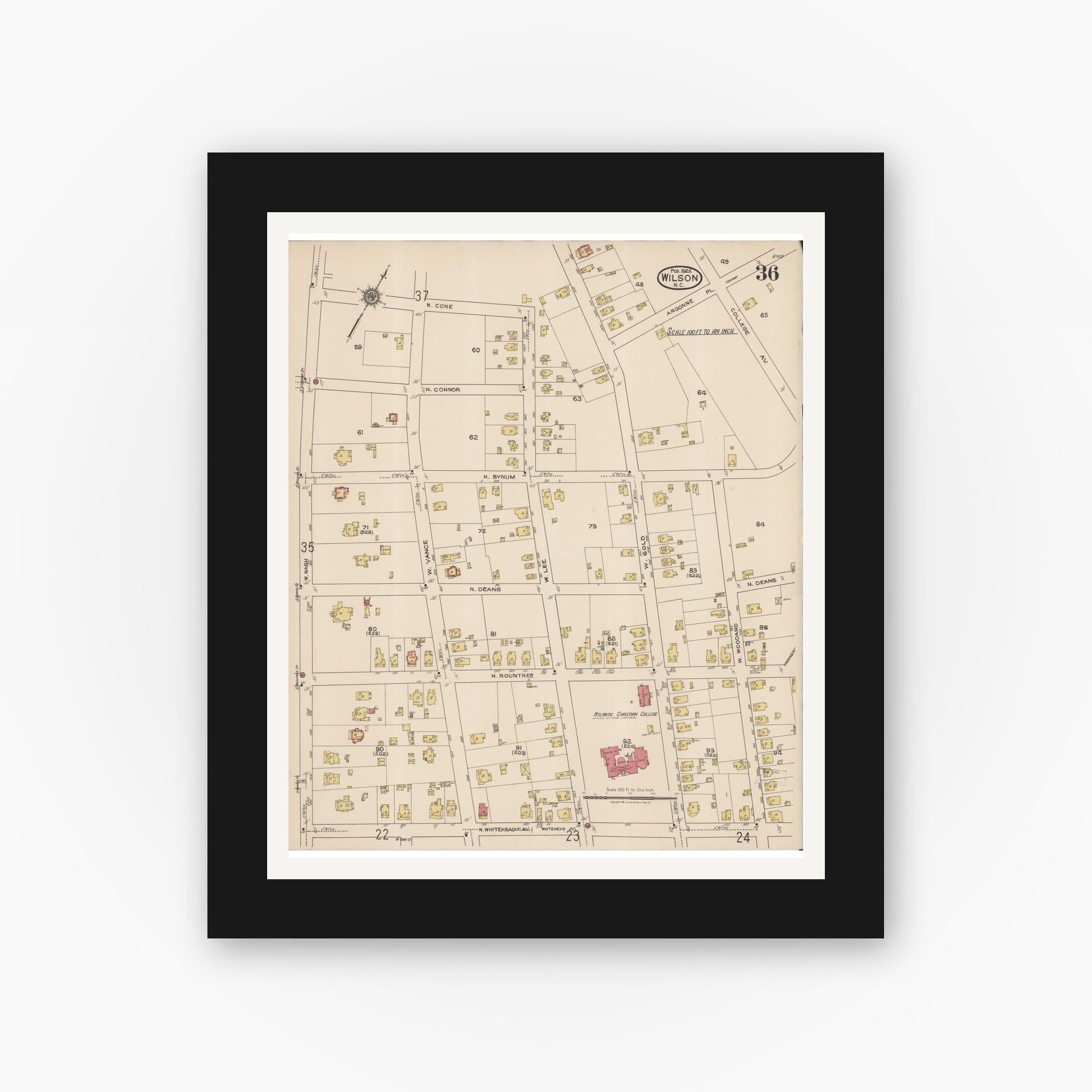 Old map wall art mockup — black gallery frame with white mat — Sanborn Fire Insurance Map from Wilson, Wilson County, North Carolina (1922), Sheet #0036