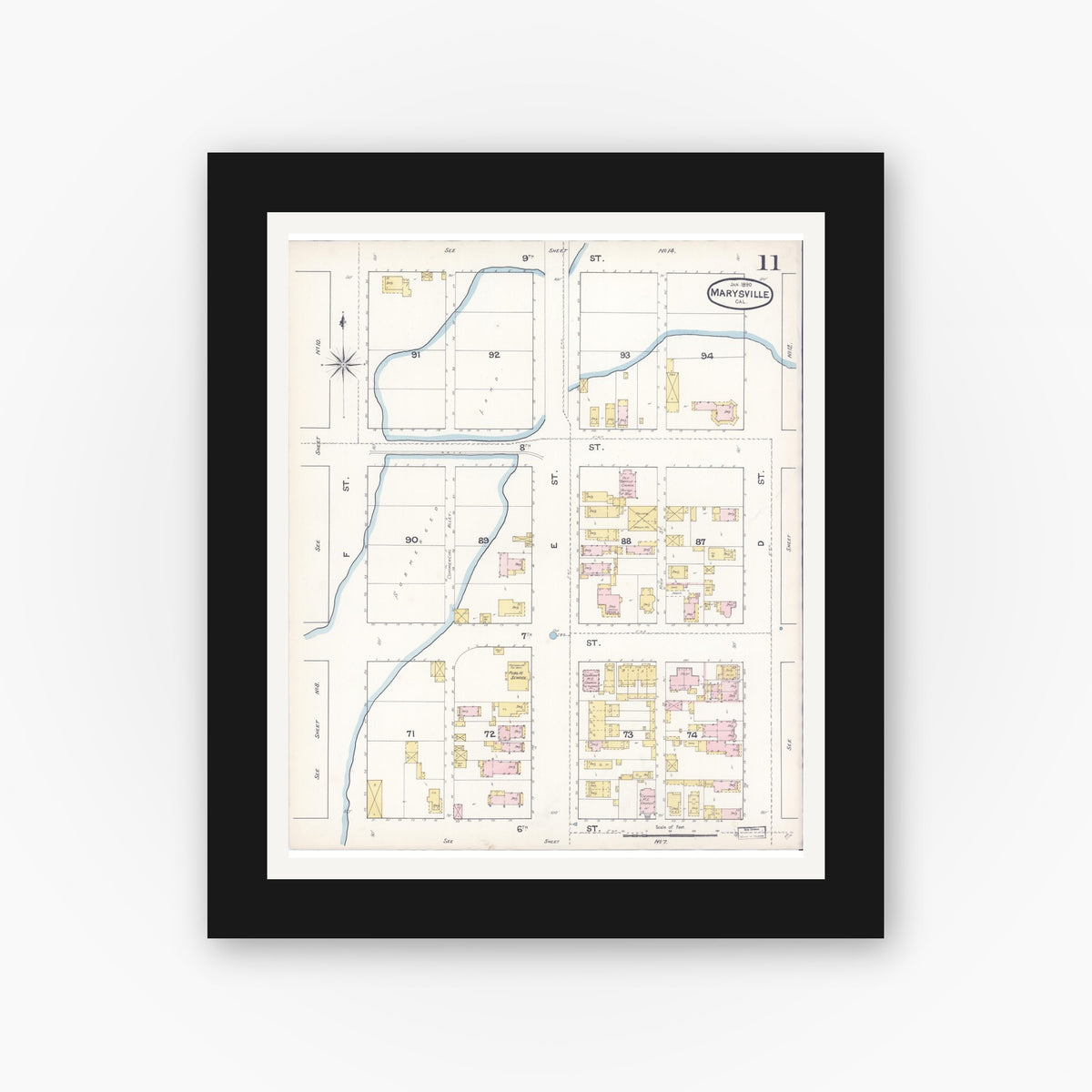Old map wall art mockup — black gallery frame with white mat — Sanborn Fire Insurance Map from Marysville, Yuba County, California (1890), Sheet #0011