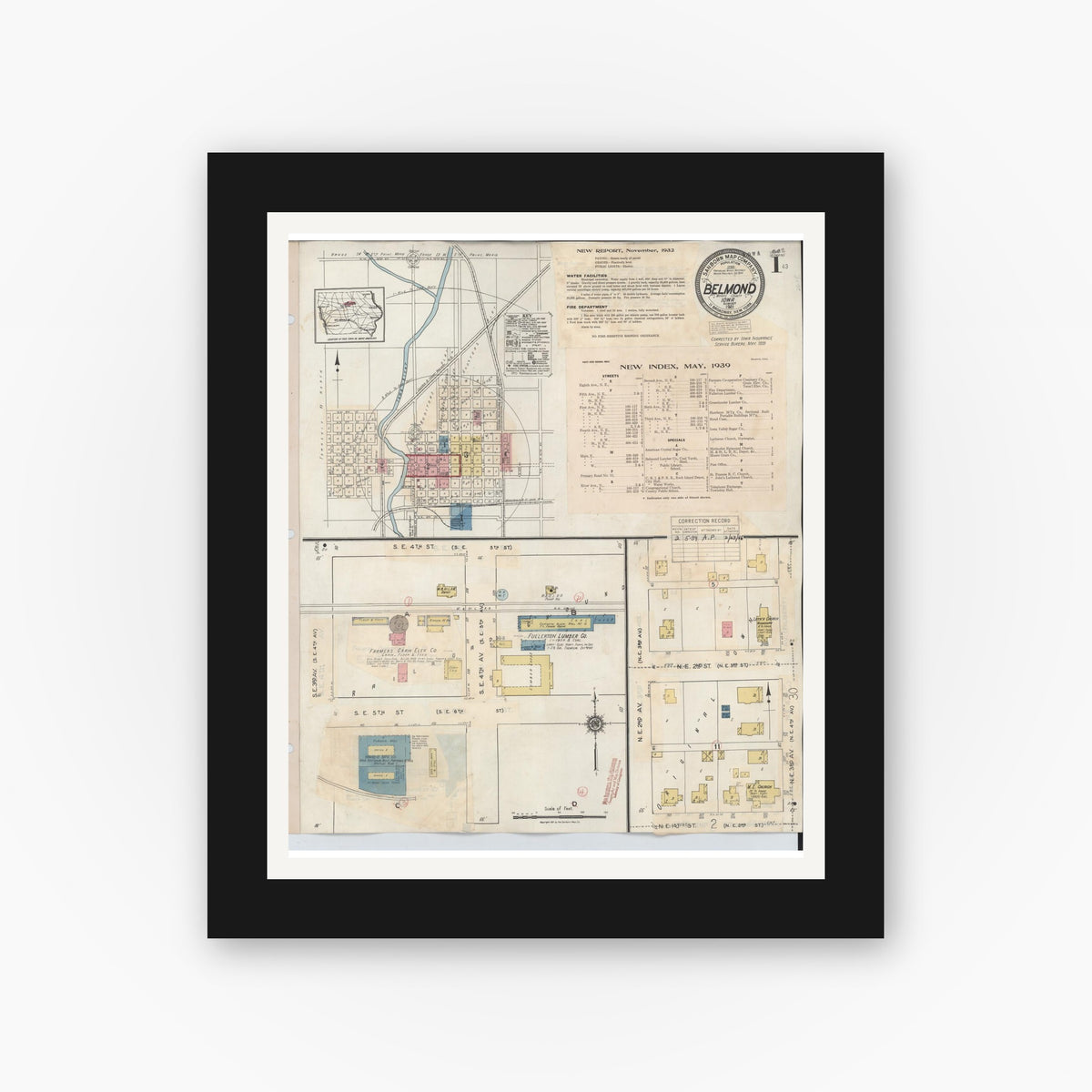 Old map wall art mockup — black gallery frame with white mat — Sanborn Fire Insurance Map from Belmond, Wright County, Iowa (1939) â€” Complete Set