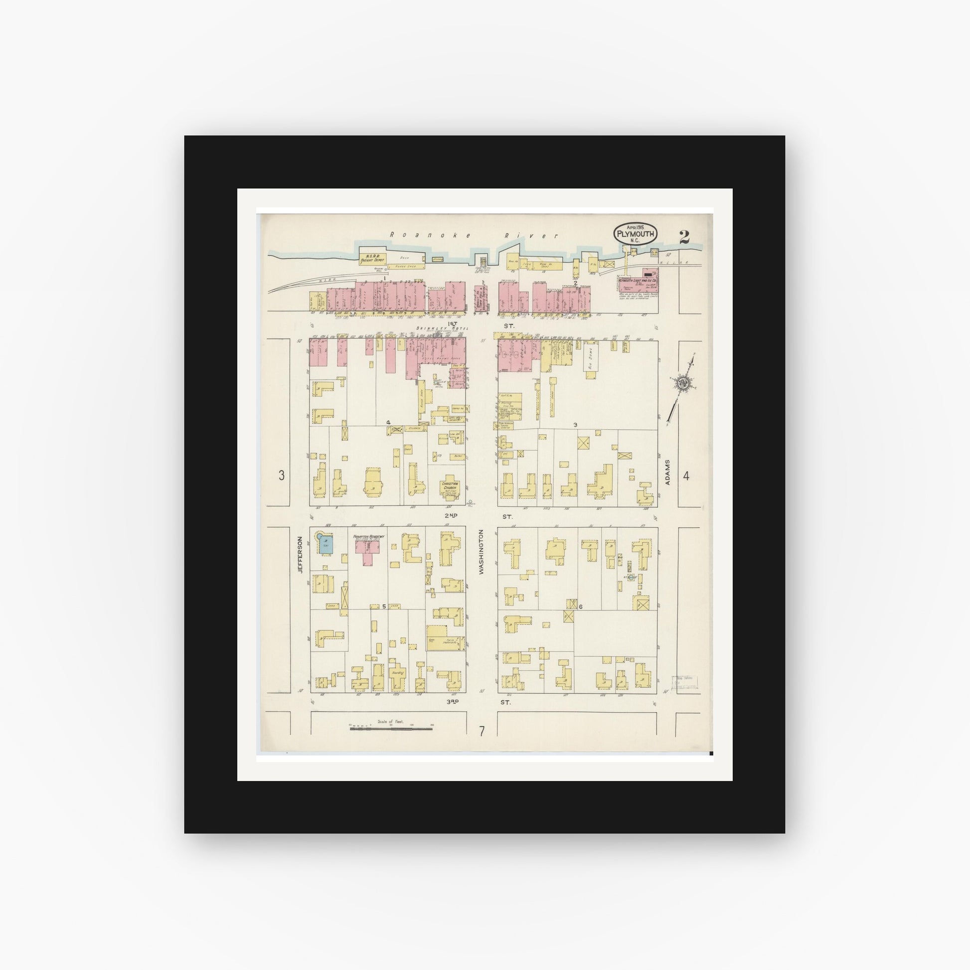 Old map wall art mockup — black gallery frame with white mat — Sanborn Fire Insurance Map from Plymouth, Washington County, North Carolina (1915), Sheet #0002