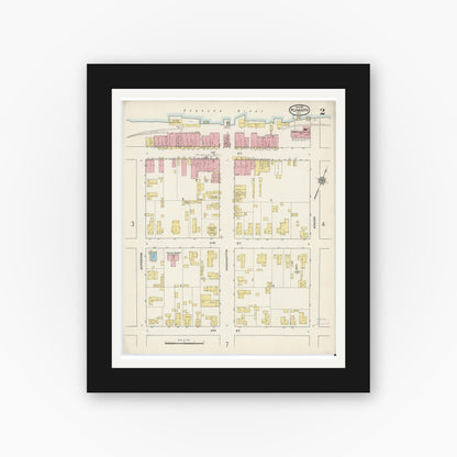Old map wall art mockup — black gallery frame with white mat — Sanborn Fire Insurance Map from Plymouth, Washington County, North Carolina (1915), Sheet #0002