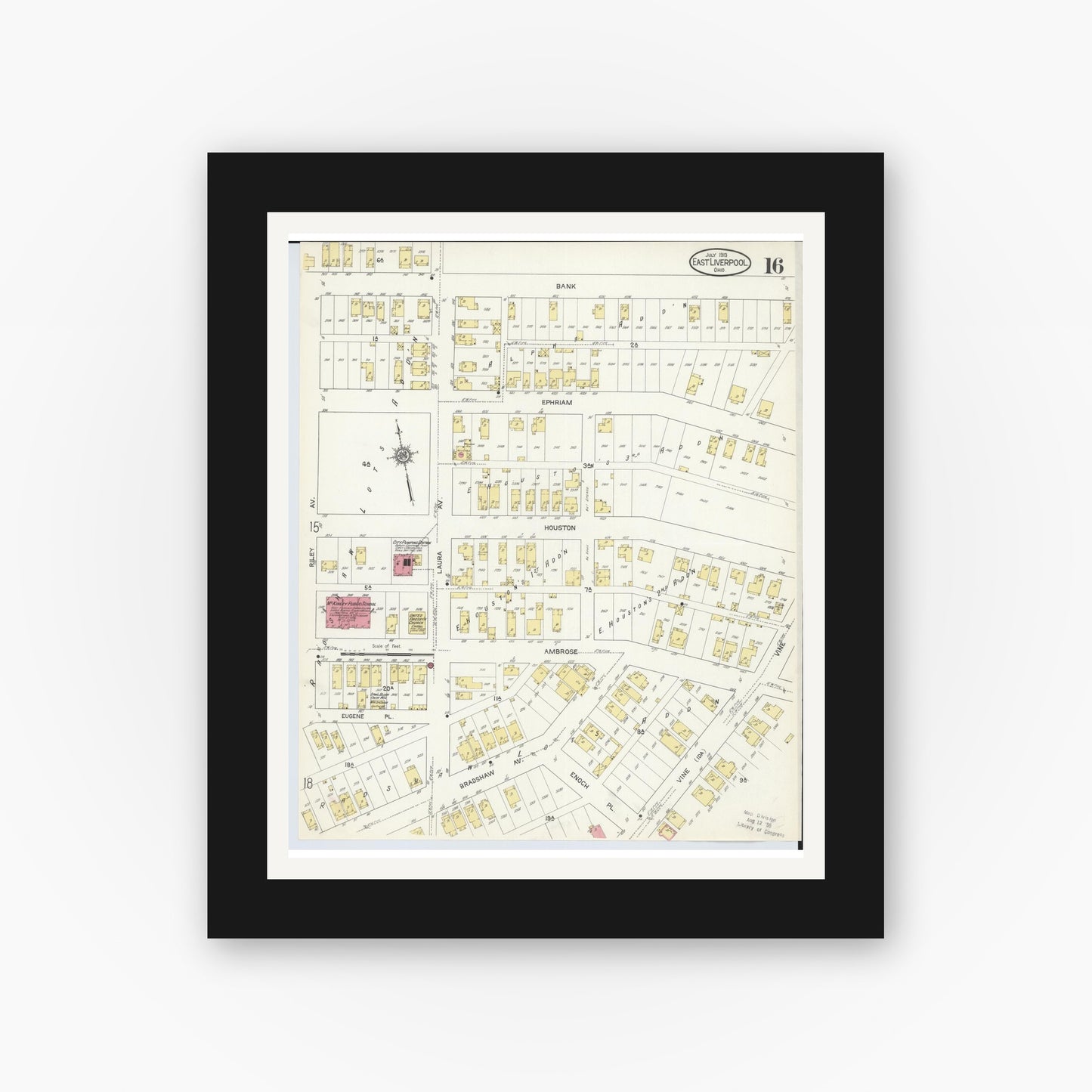 Old map wall art mockup — black gallery frame with white mat — Sanborn Fire Insurance Map from East Liverpool, Columbiana County, Ohio (1913), Sheet #0016