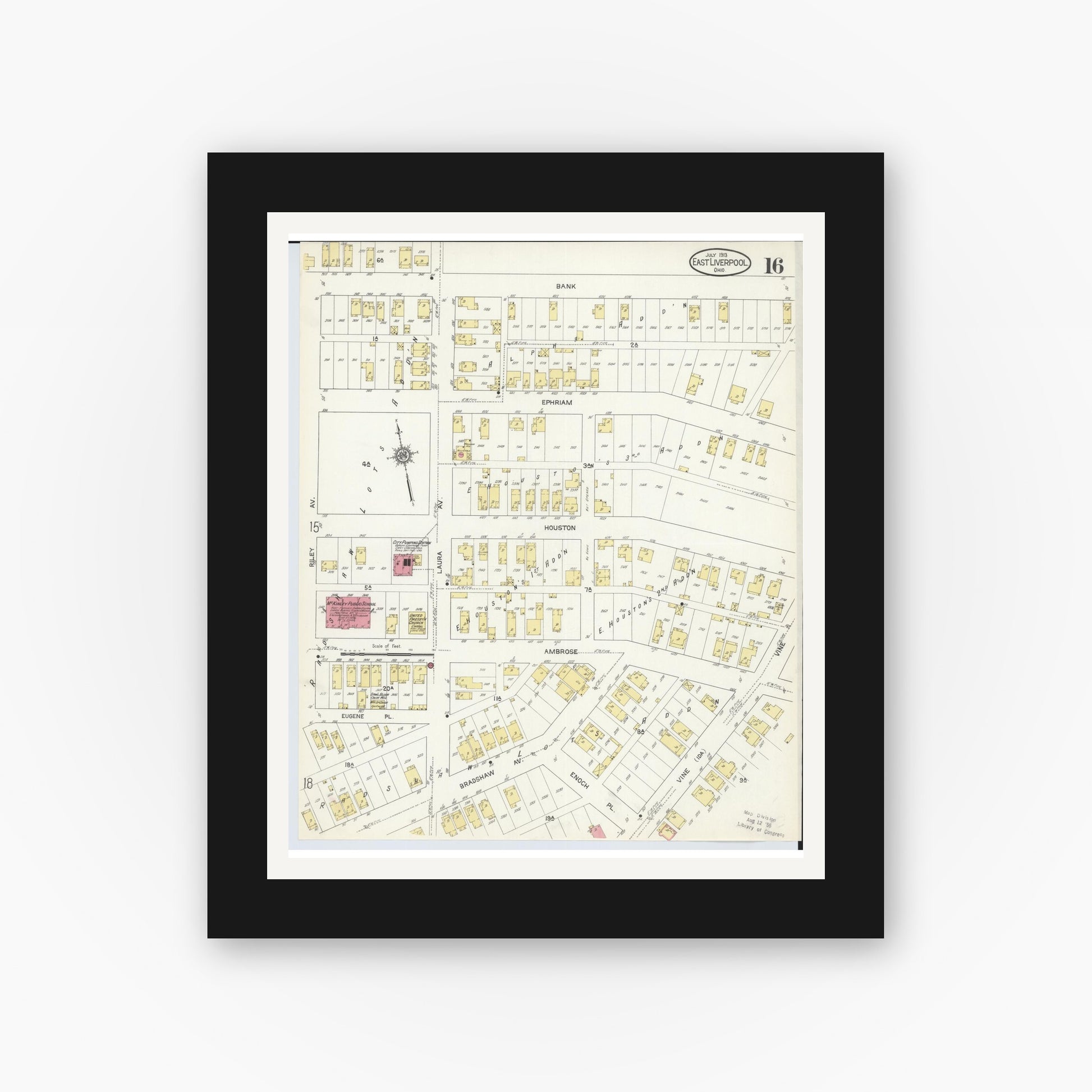 Old map wall art mockup — black gallery frame with white mat — Sanborn Fire Insurance Map from East Liverpool, Columbiana County, Ohio (1913), Sheet #0016