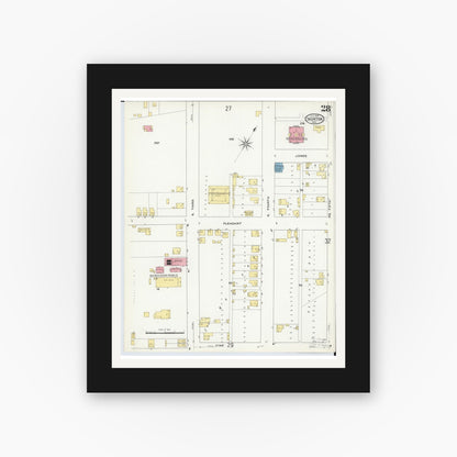 Old map wall art mockup — black gallery frame with white mat — Sanborn Fire Insurance Map from Ironton, Lawrence County, Ohio (1909), Sheet #0028