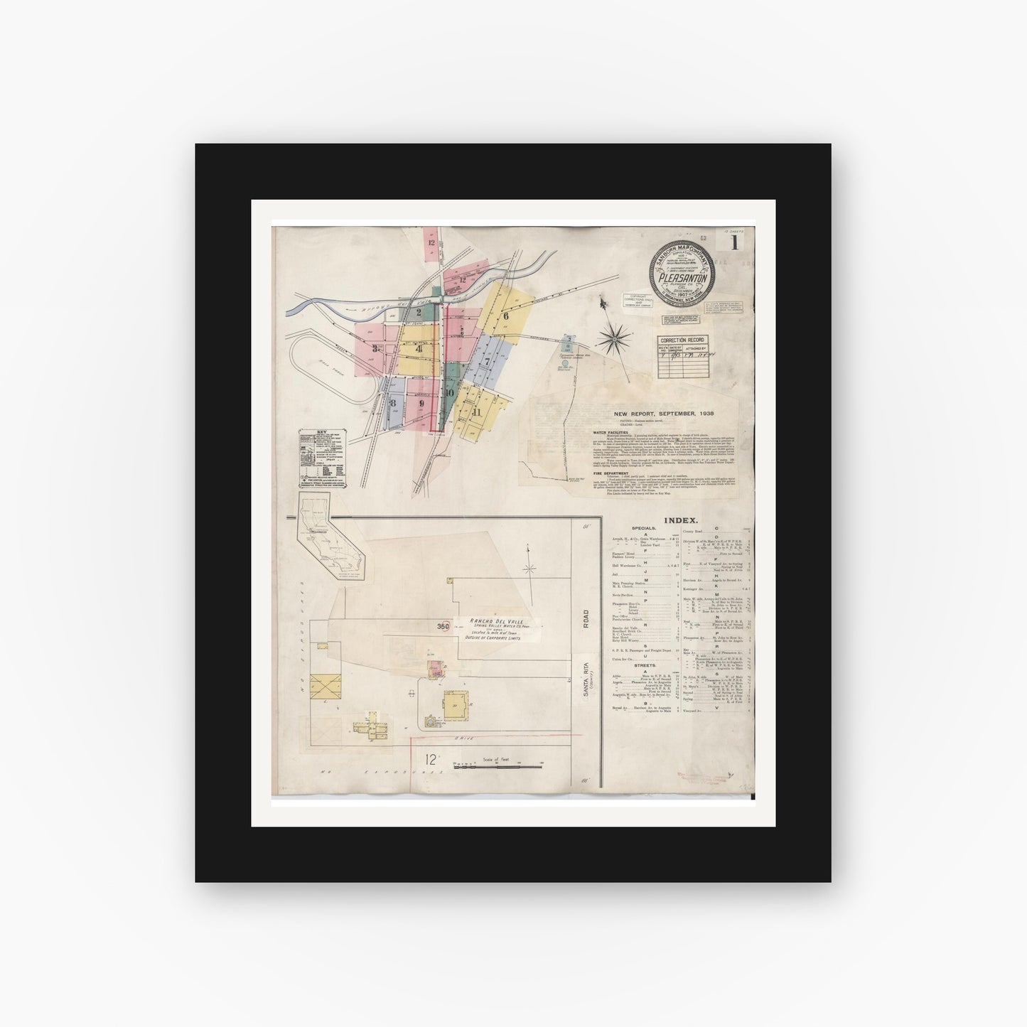 Old map wall art mockup — black gallery frame with white mat — Sanborn Fire Insurance Map from Pleasanton, Alameda County, California (1943) - Complete Map Set