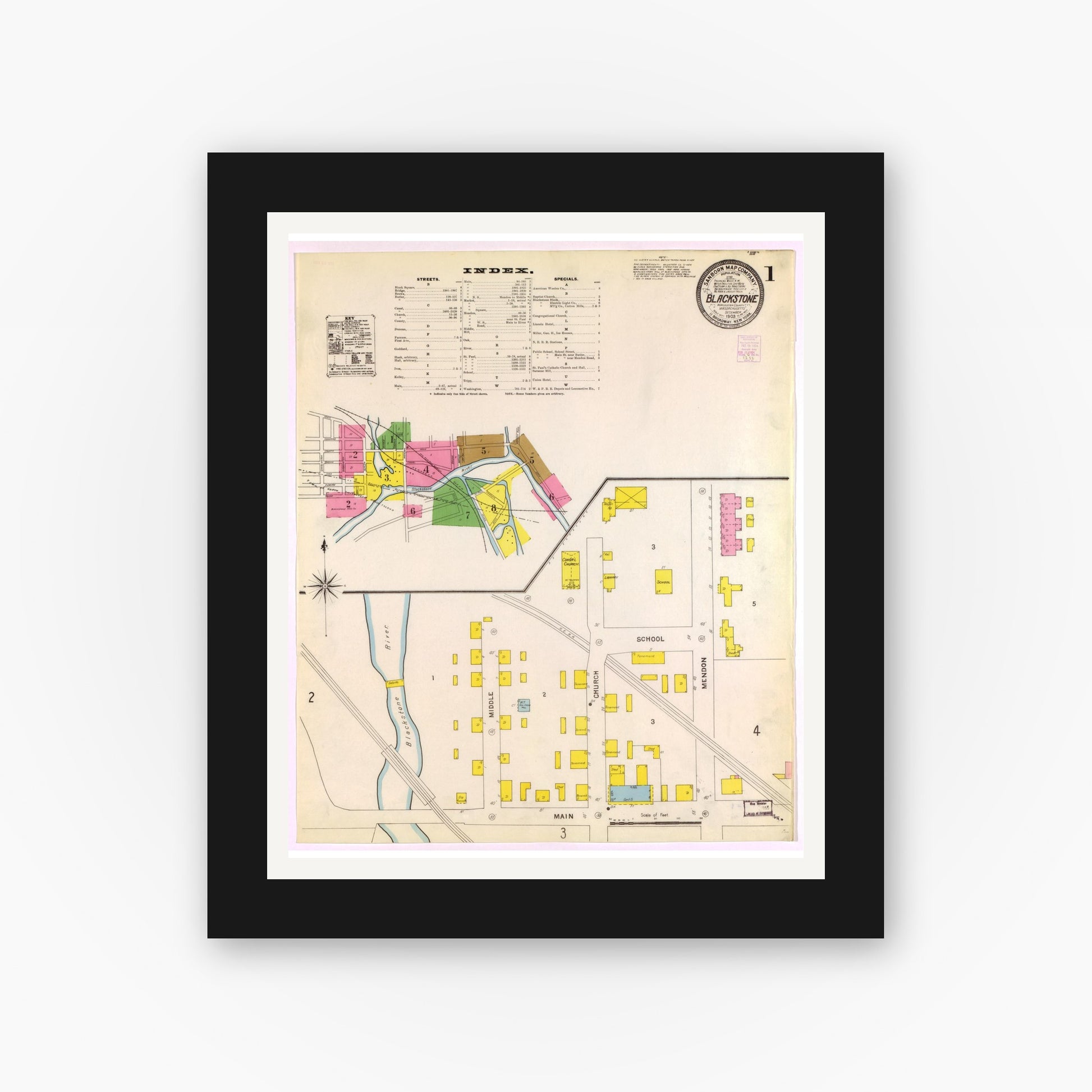 Old map wall art mockup — black gallery frame with white mat — Sanborn Fire Insurance Map from Blackstone, Worcester County, Massachusetts (1903), Sheet #0001