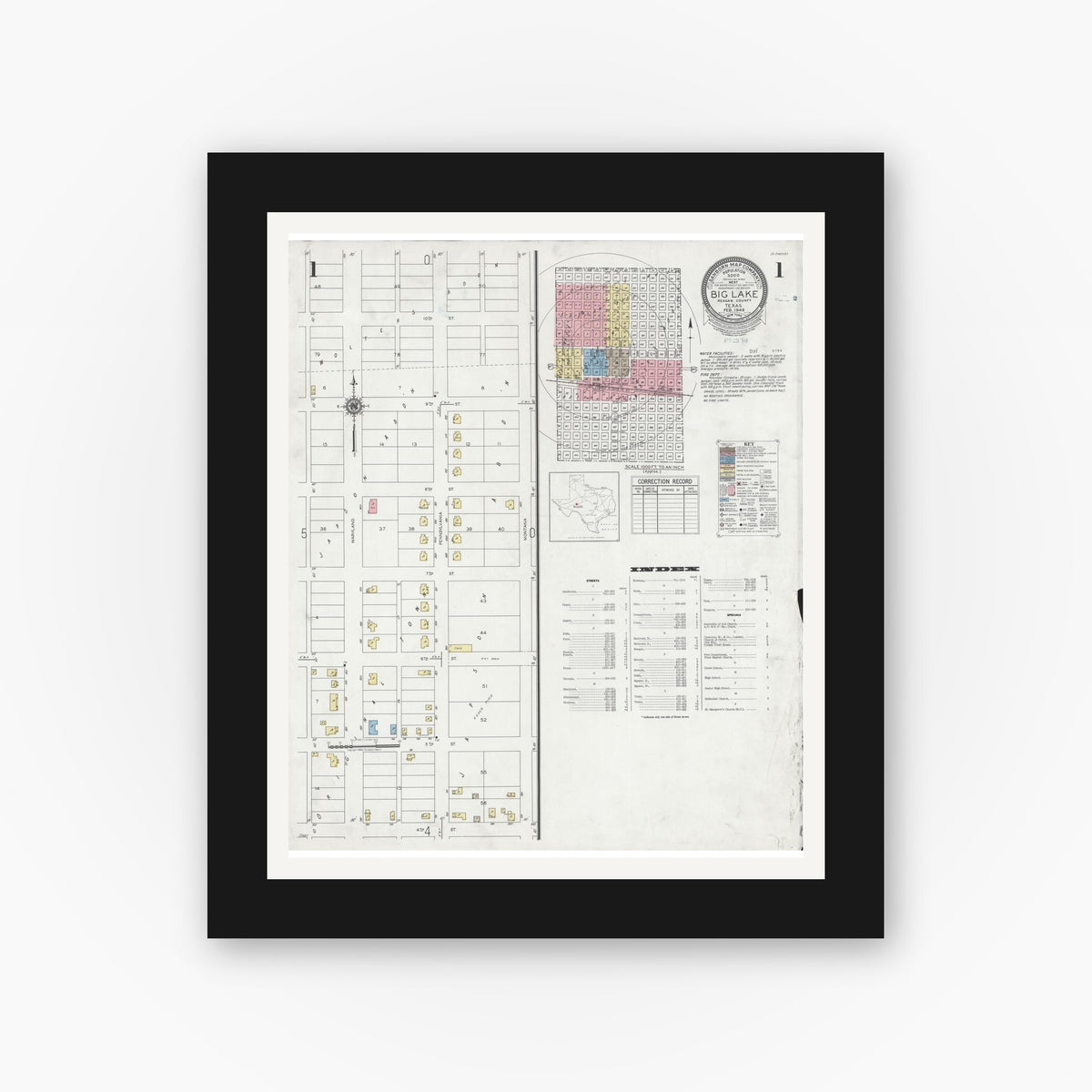 Old map wall art mockup — black gallery frame with white mat — Sanborn Fire Insurance Map from Big Lake, Reagan County, Texas (1949), Sheet #0001