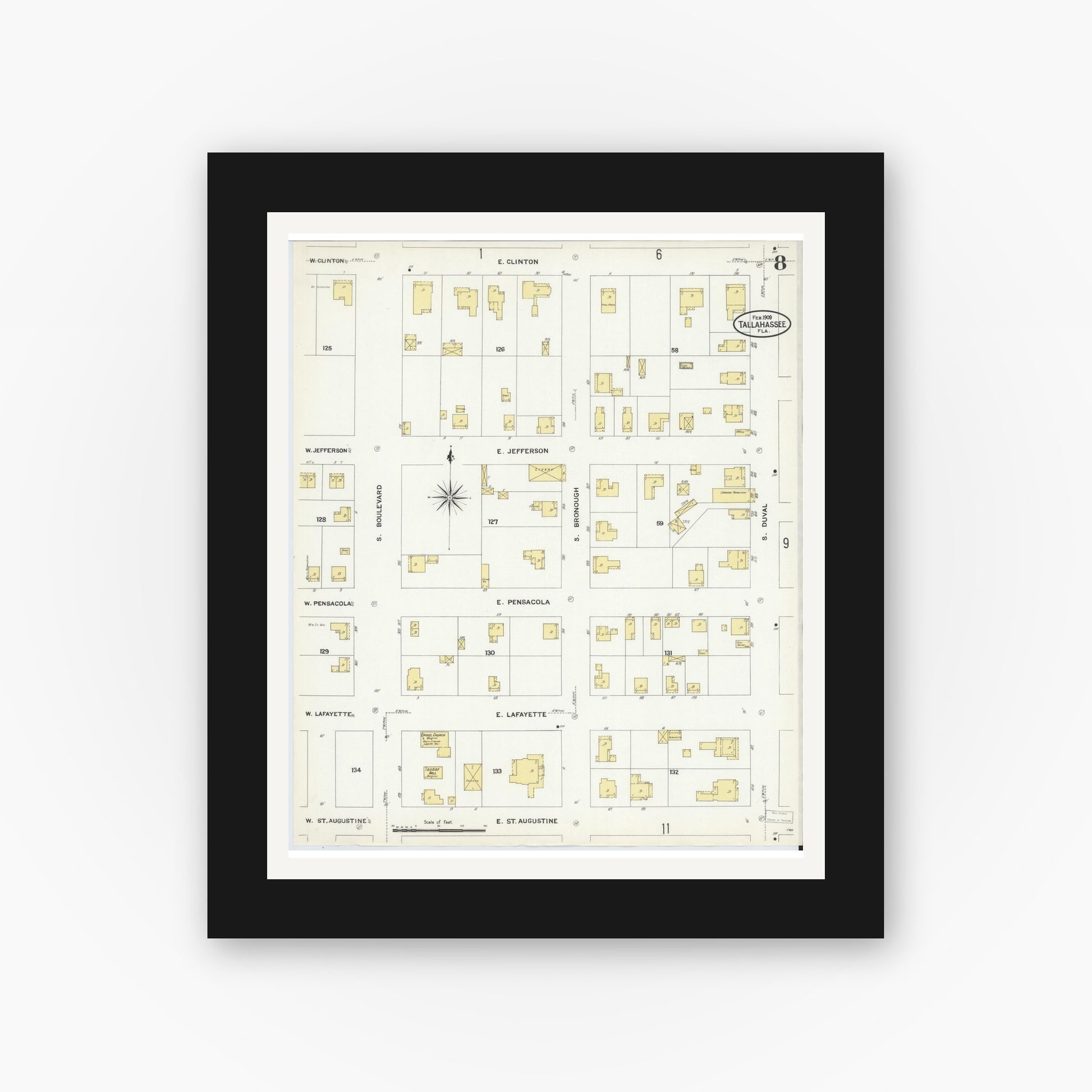 Old map wall art mockup — black gallery frame with white mat — Sanborn Fire Insurance Map from Tallahassee, Leon County, Florida (1909), Sheet #0008