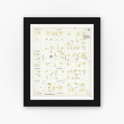 Old map wall art mockup — black gallery frame with white mat — Sanborn Fire Insurance Map from Tallahassee, Leon County, Florida (1909), Sheet #0008