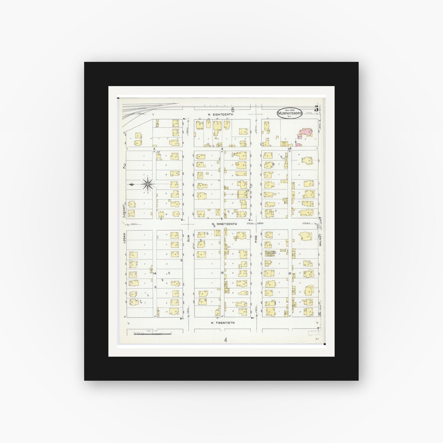 Old map wall art mockup — black gallery frame with white mat — Sanborn Fire Insurance Map from Murphysboro, Jackson County, Illinois (1909), Sheet #0005