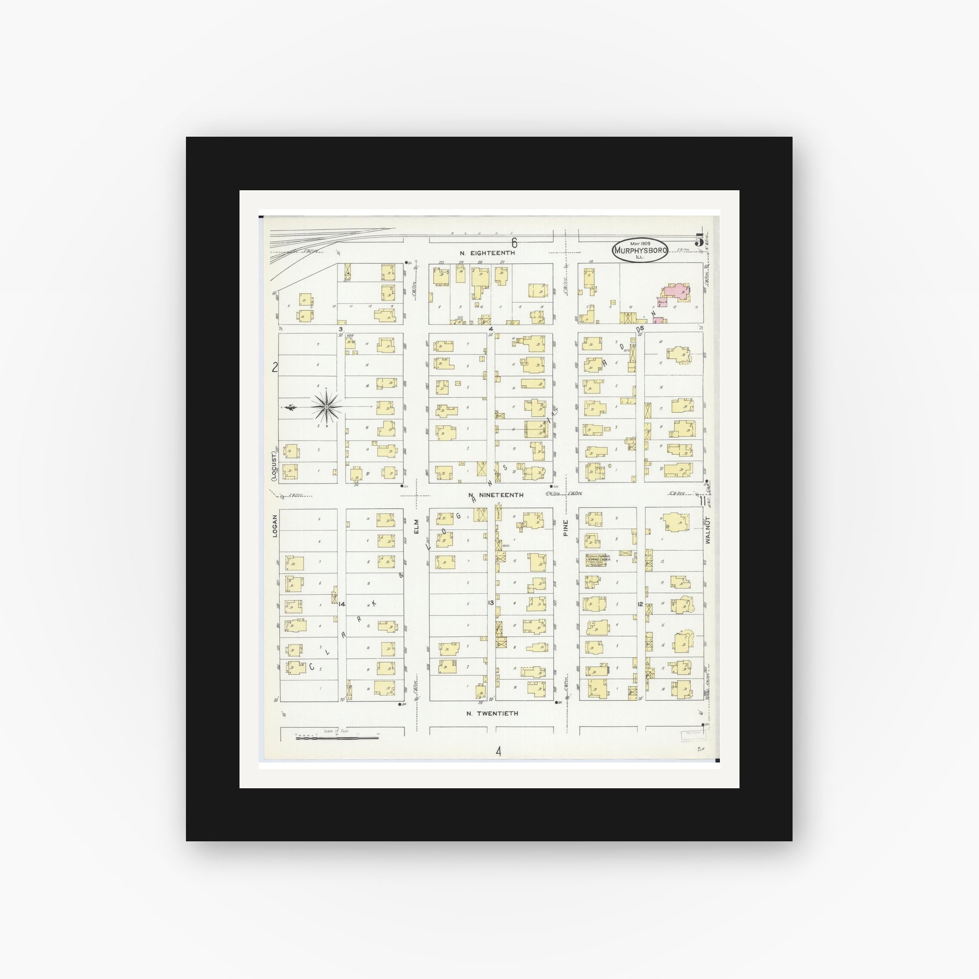 Old map wall art mockup — black gallery frame with white mat — Sanborn Fire Insurance Map from Murphysboro, Jackson County, Illinois (1909), Sheet #0005