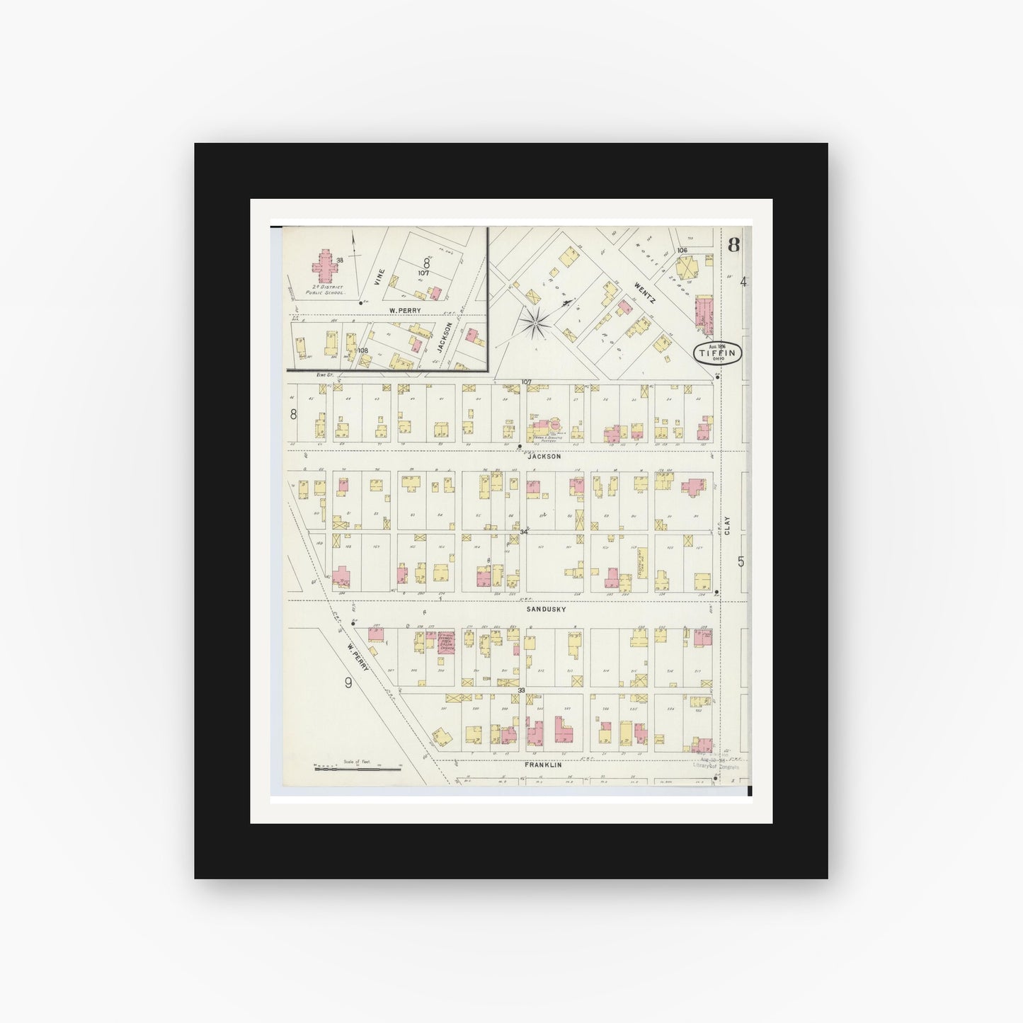 Old map wall art mockup — black gallery frame with white mat — Sanborn Fire Insurance Map from Tiffin, Seneca County, Ohio (1896), Sheet #0008