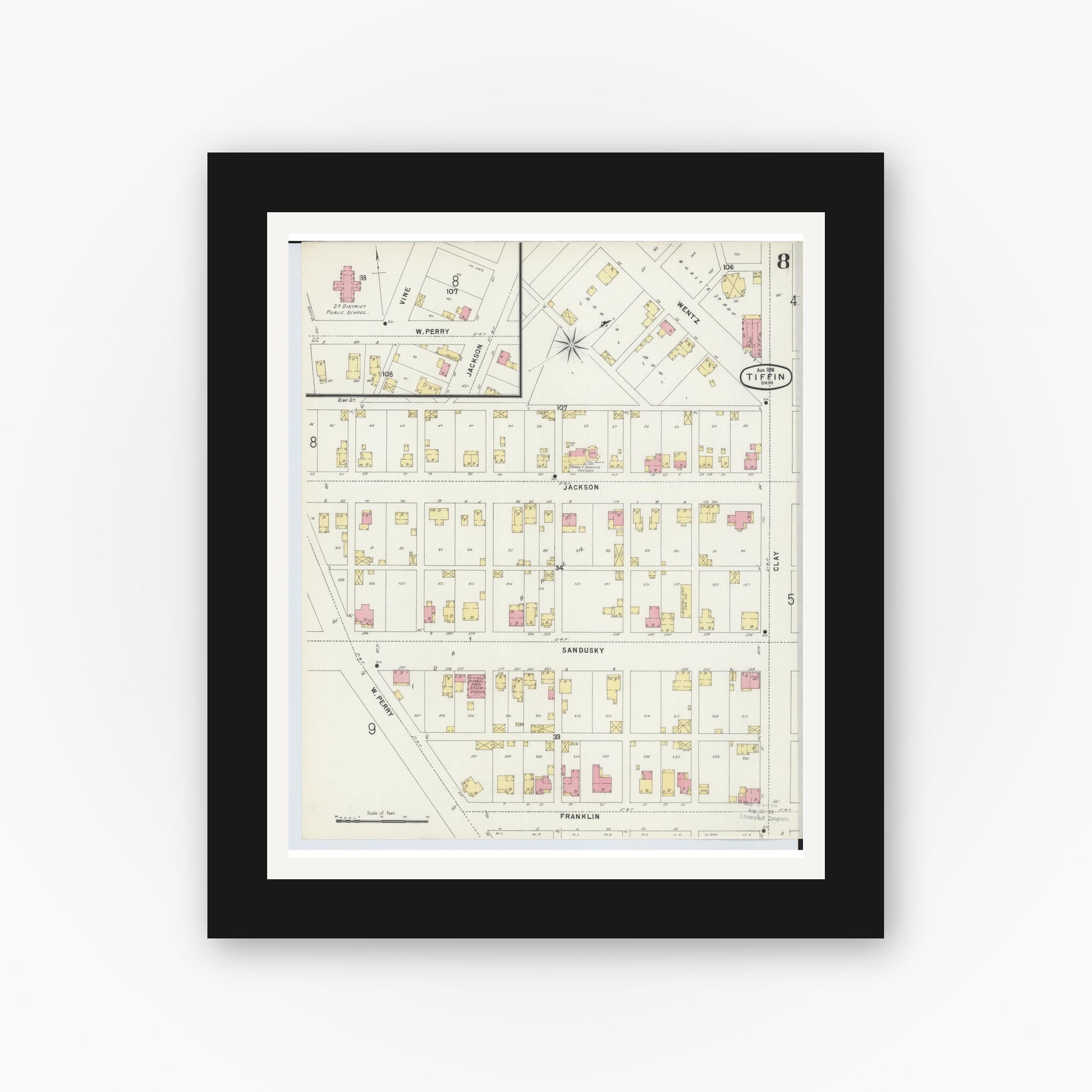 Old map wall art mockup — black gallery frame with white mat — Sanborn Fire Insurance Map from Tiffin, Seneca County, Ohio (1896), Sheet #0008