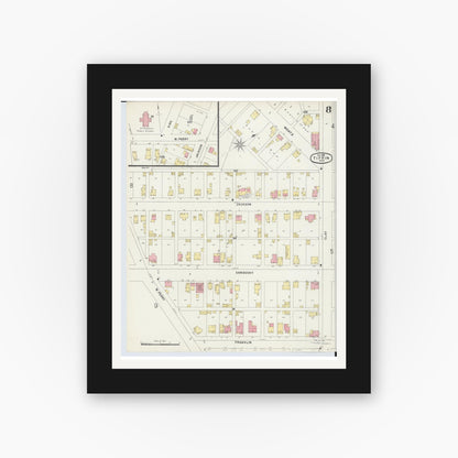 Old map wall art mockup — black gallery frame with white mat — Sanborn Fire Insurance Map from Tiffin, Seneca County, Ohio (1896), Sheet #0008