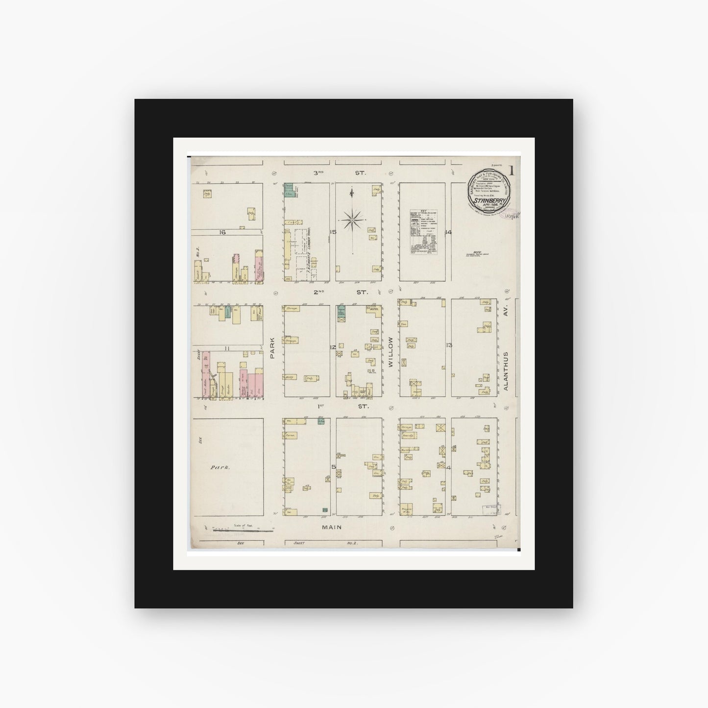 Old map wall art mockup — black gallery frame with white mat — Sanborn Fire Insurance Map from Stanberry, Gentry County, Missouri (1886) - Complete Map Set