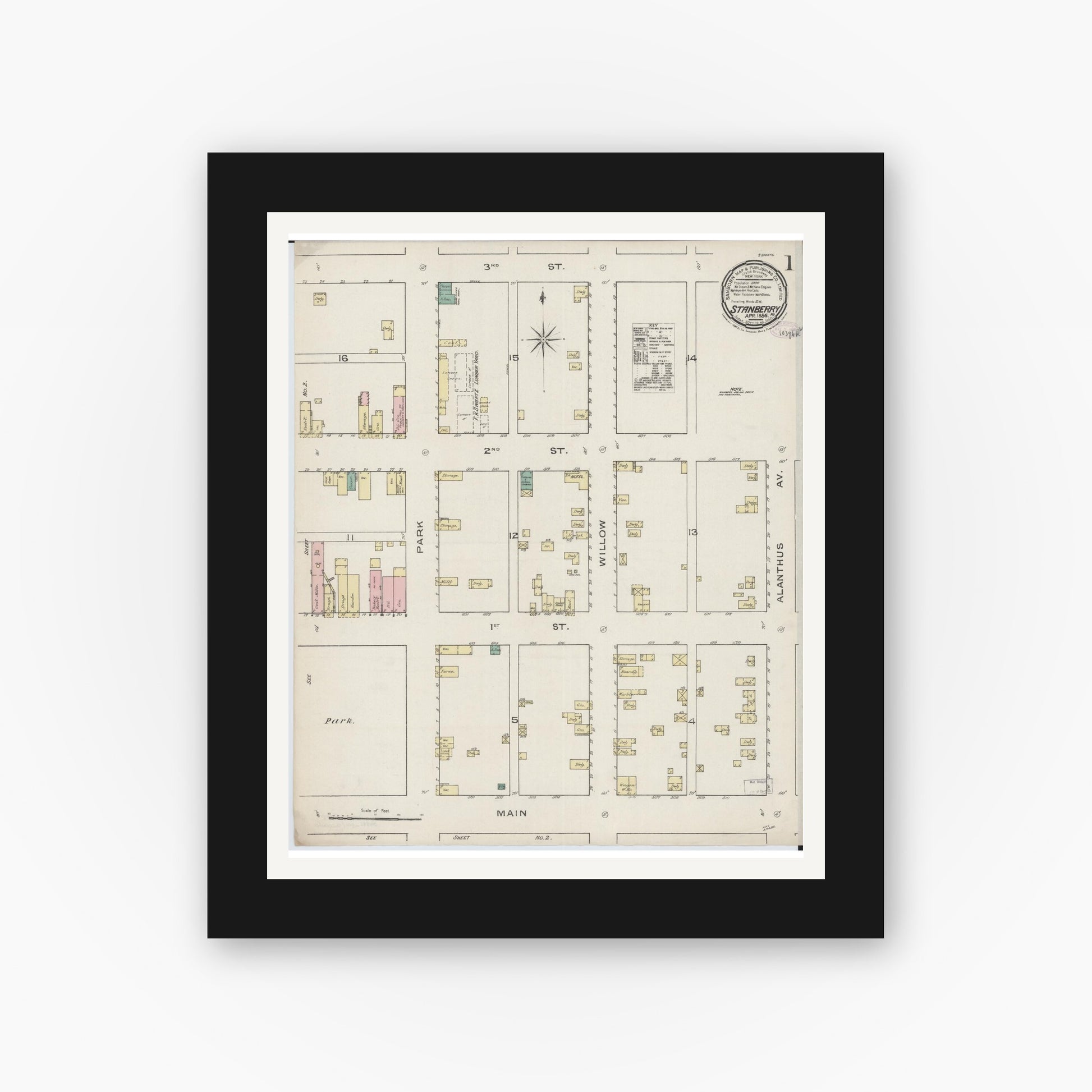 Old map wall art mockup — black gallery frame with white mat — Sanborn Fire Insurance Map from Stanberry, Gentry County, Missouri (1886) - Complete Map Set
