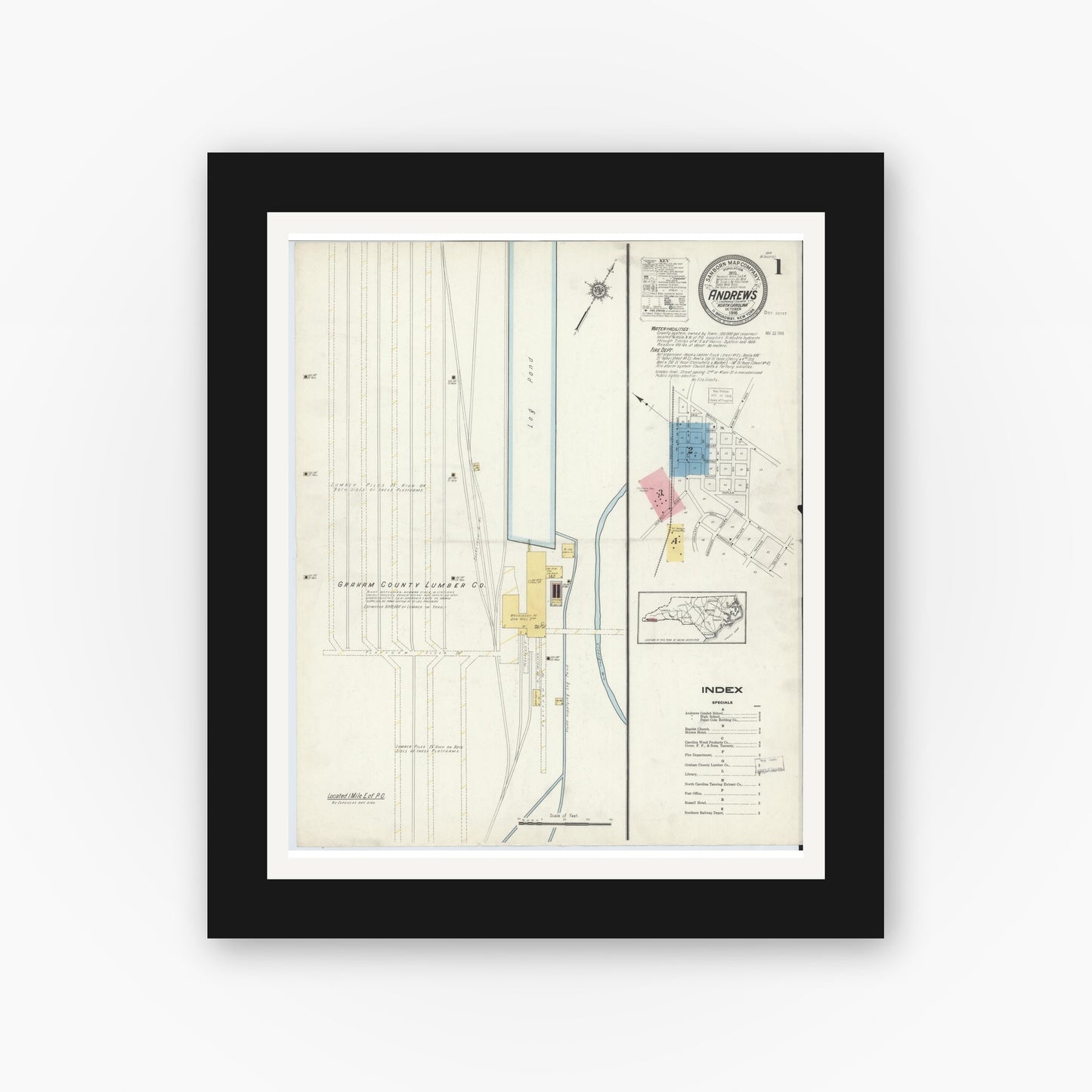 Old map wall art mockup — black gallery frame with white mat — Sanborn Fire Insurance Map from Andrews, Cherokee County, North Carolina (1916), Sheet #0001