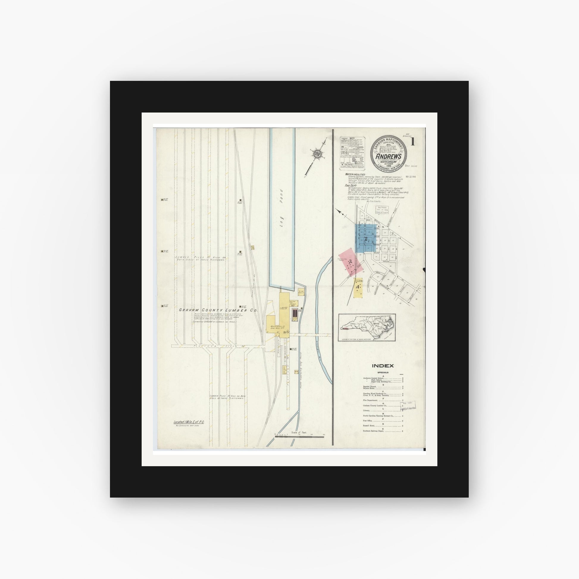 Old map wall art mockup — black gallery frame with white mat — Sanborn Fire Insurance Map from Andrews, Cherokee County, North Carolina (1916), Sheet #0001