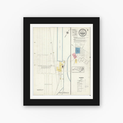 Old map wall art mockup — black gallery frame with white mat — Sanborn Fire Insurance Map from Andrews, Cherokee County, North Carolina (1916), Sheet #0001