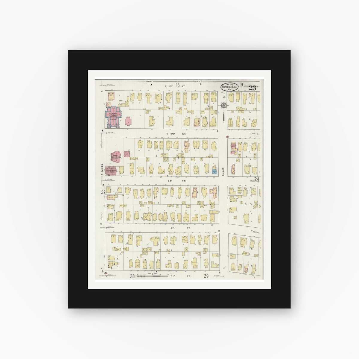 Old map wall art mockup — black gallery frame with white mat — Sanborn Fire Insurance Map from Fond du Lac, Fond du Lac County, Wisconsin (1915), Sheet #0023