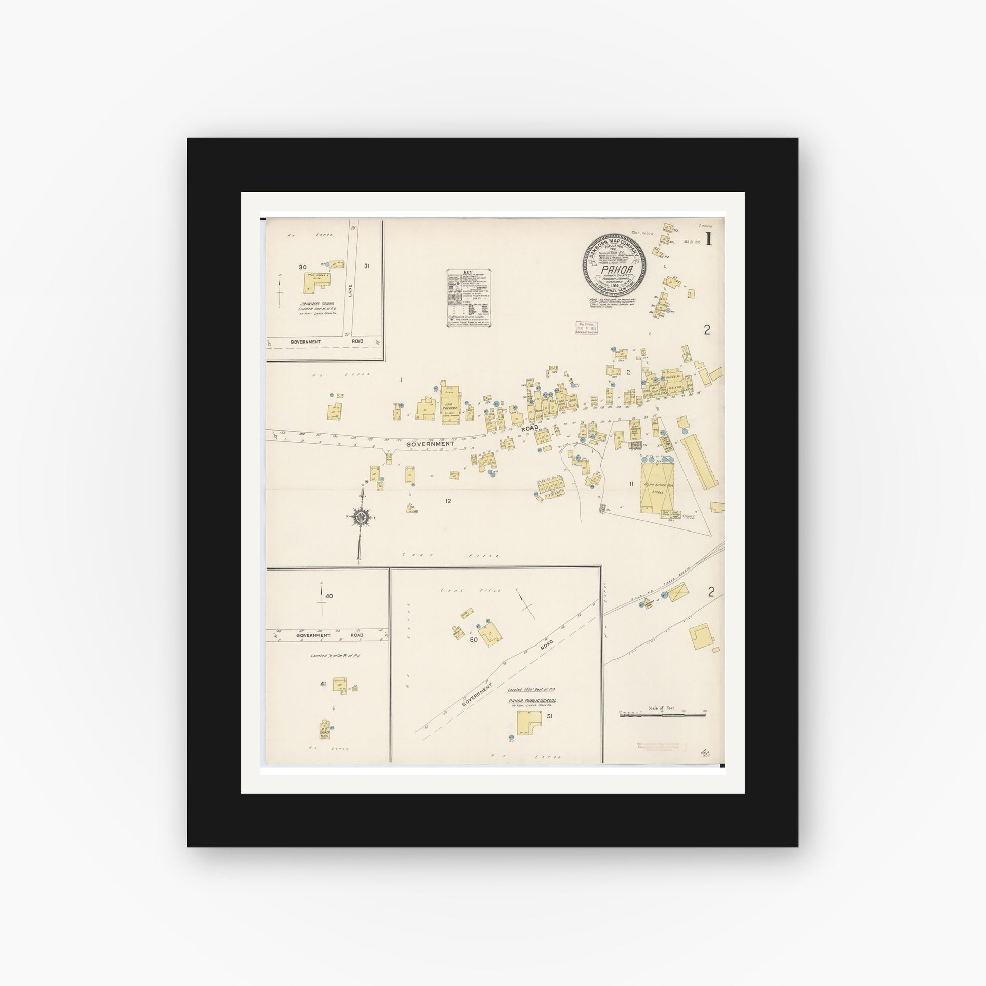 Old map wall art mockup — black gallery frame with white mat — Sanborn Fire Insurance Map from Pahoa, Hawaii County, Hawaii (1914) - Complete Map Set