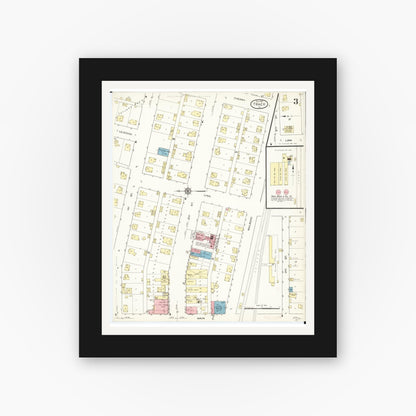 Old map wall art mockup — black gallery frame with white mat — Sanborn Fire Insurance Map from Traer, Tama County, Iowa (1913), Sheet #0003