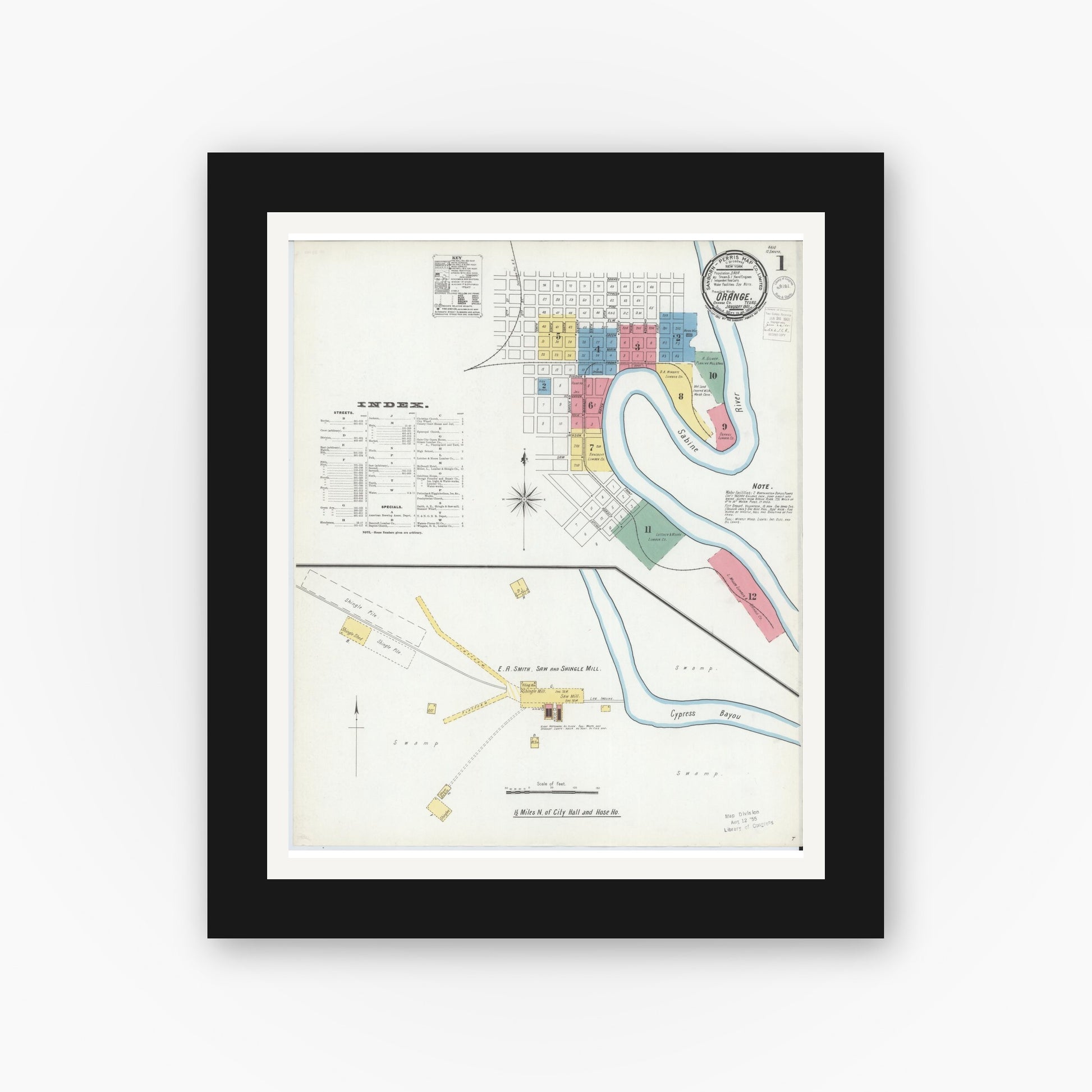 Old map wall art mockup — black gallery frame with white mat — Sanborn Fire Insurance Map from Orange, Orange County, Texas (1901), Sheet #0001