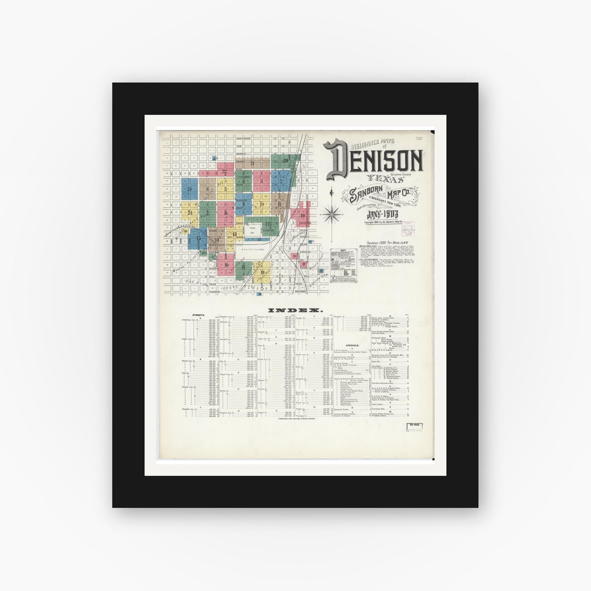 Old map wall art mockup — black gallery frame with white mat — Sanborn Fire Insurance Map from Denison, Grayson County, Texas (1903) - Complete Map Set